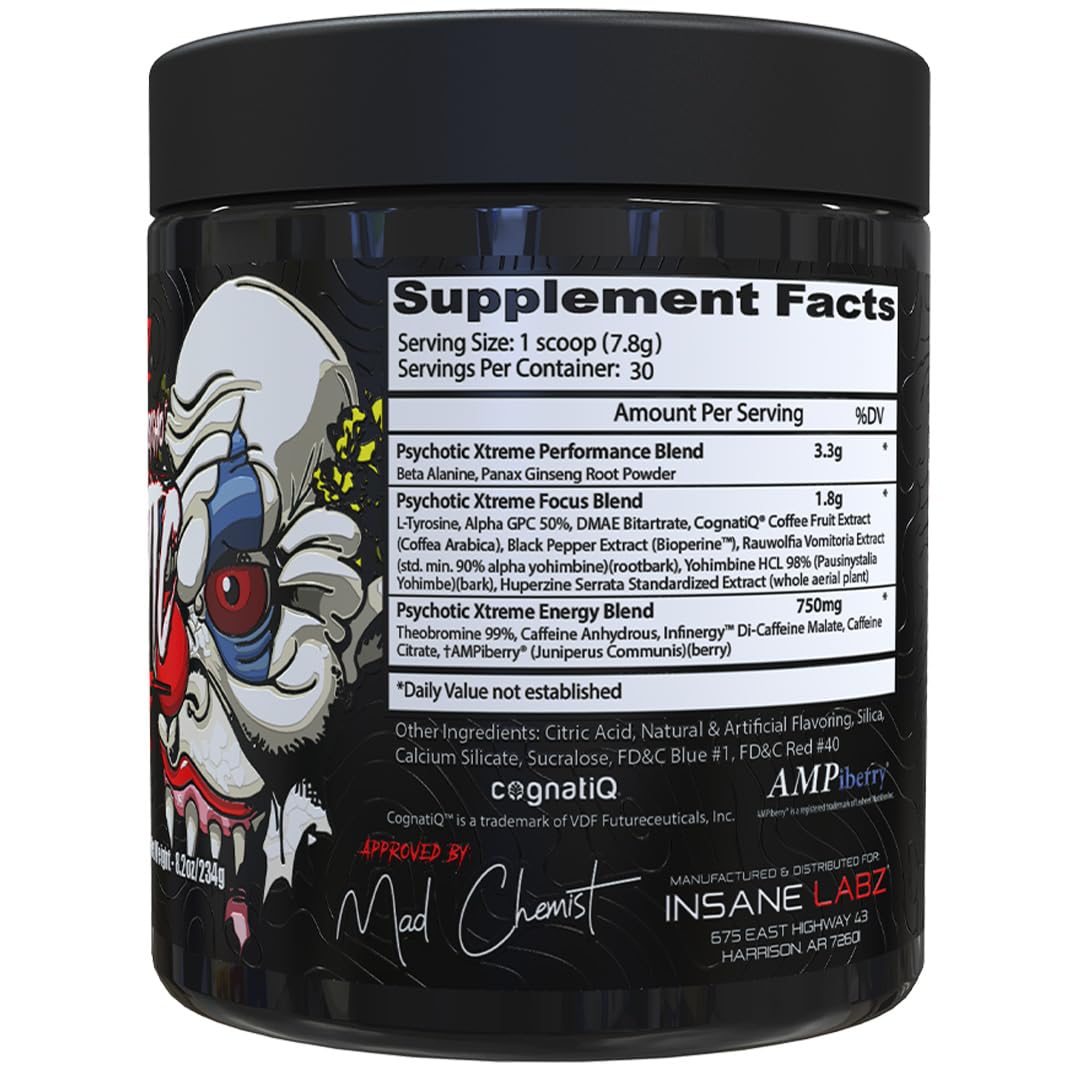 Insane Labz Psychotic Xtreme, High Stimulant Pre Workout Powder, Extreme Lasting Energy, Focus and Endurance with Beta Alanine, Panax Ginseng, Theobromine, DMAE (30 Servings, Grape) — Amazon image 2