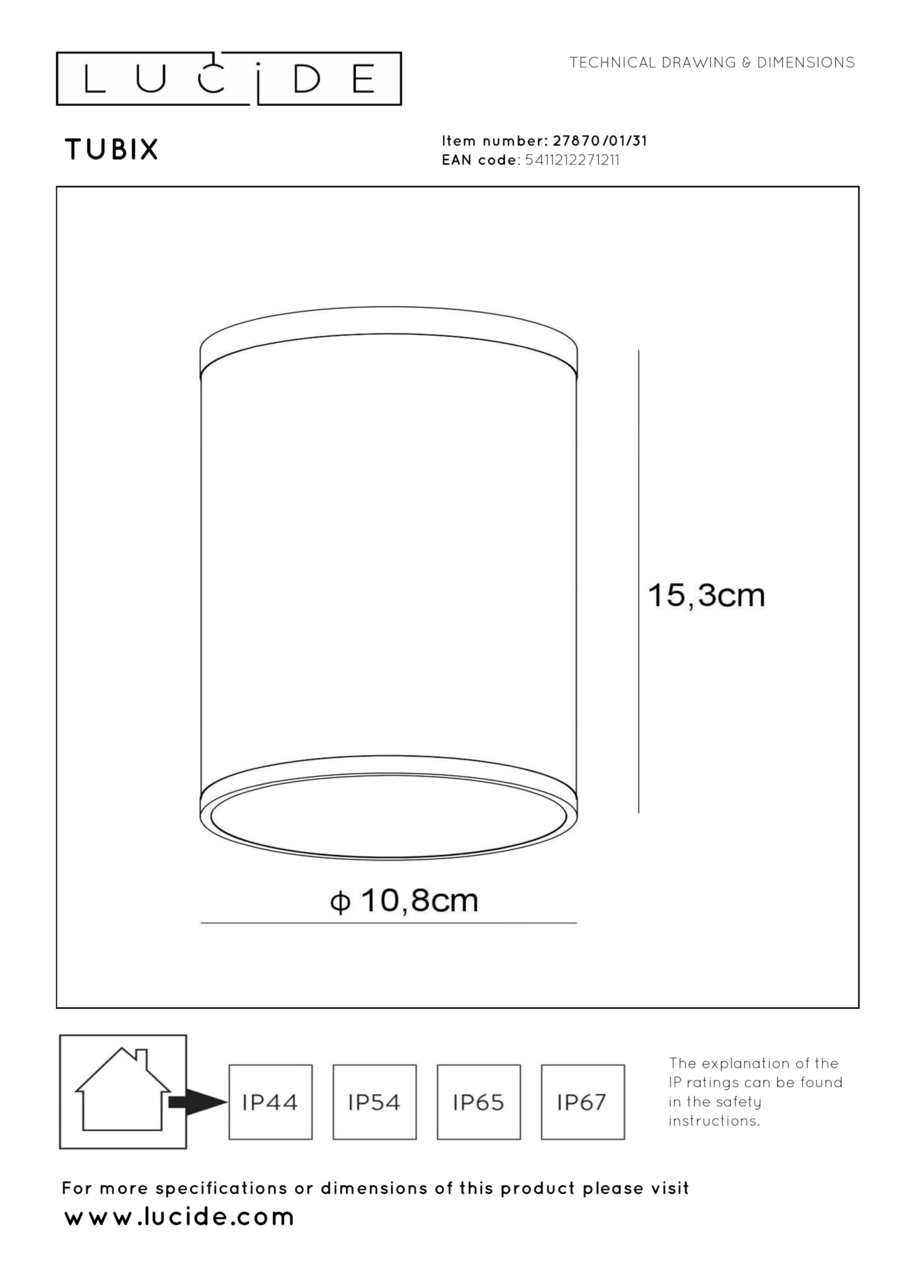 LUCIDE TUBIX - Spot plafond Intérieur/Extérieur - Ø 10,8 cm - 1xE27 - IP54 - Blanc