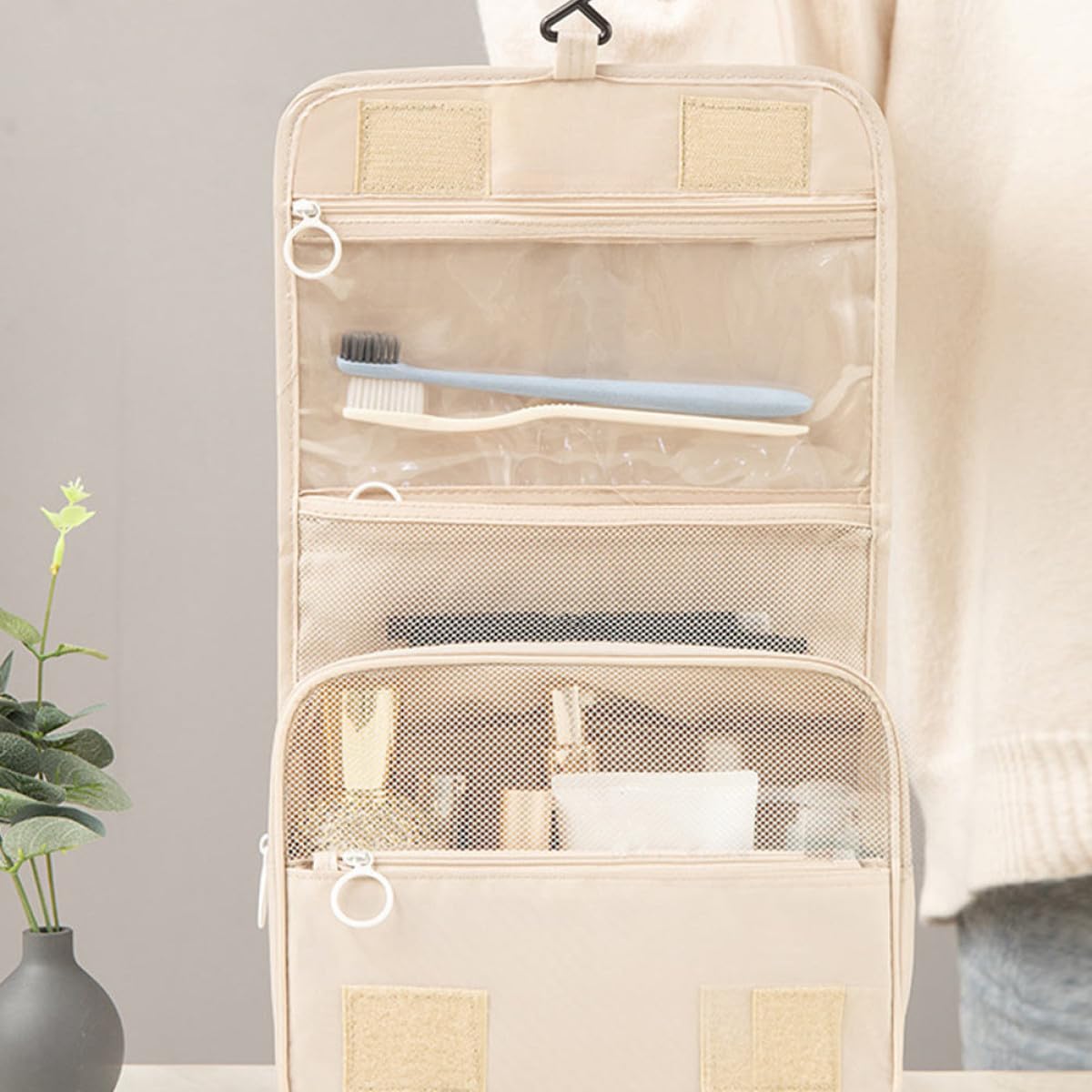 Mipcase 3pezzi Borsa Da Viaggio Multifunzionale Beige Pochette Cosmetica Appesa Per Make-up e Toiletries Design Con Rete Visibile Facile Da Trasportare e Riporre