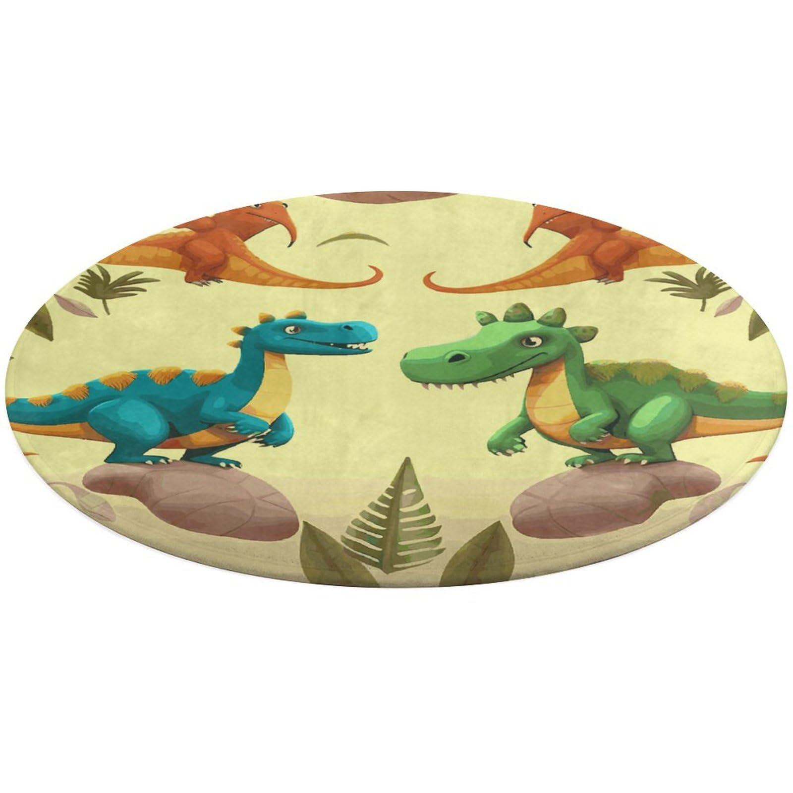 Tapis rond salon chambre enfant velours corail lavable dinosaures 90x90cm