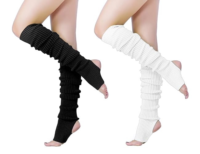 v28 Long Leg Warmer, Women’s Men 80s Party Ribbed Knit Dance Sports - Hole71-2(black+white)