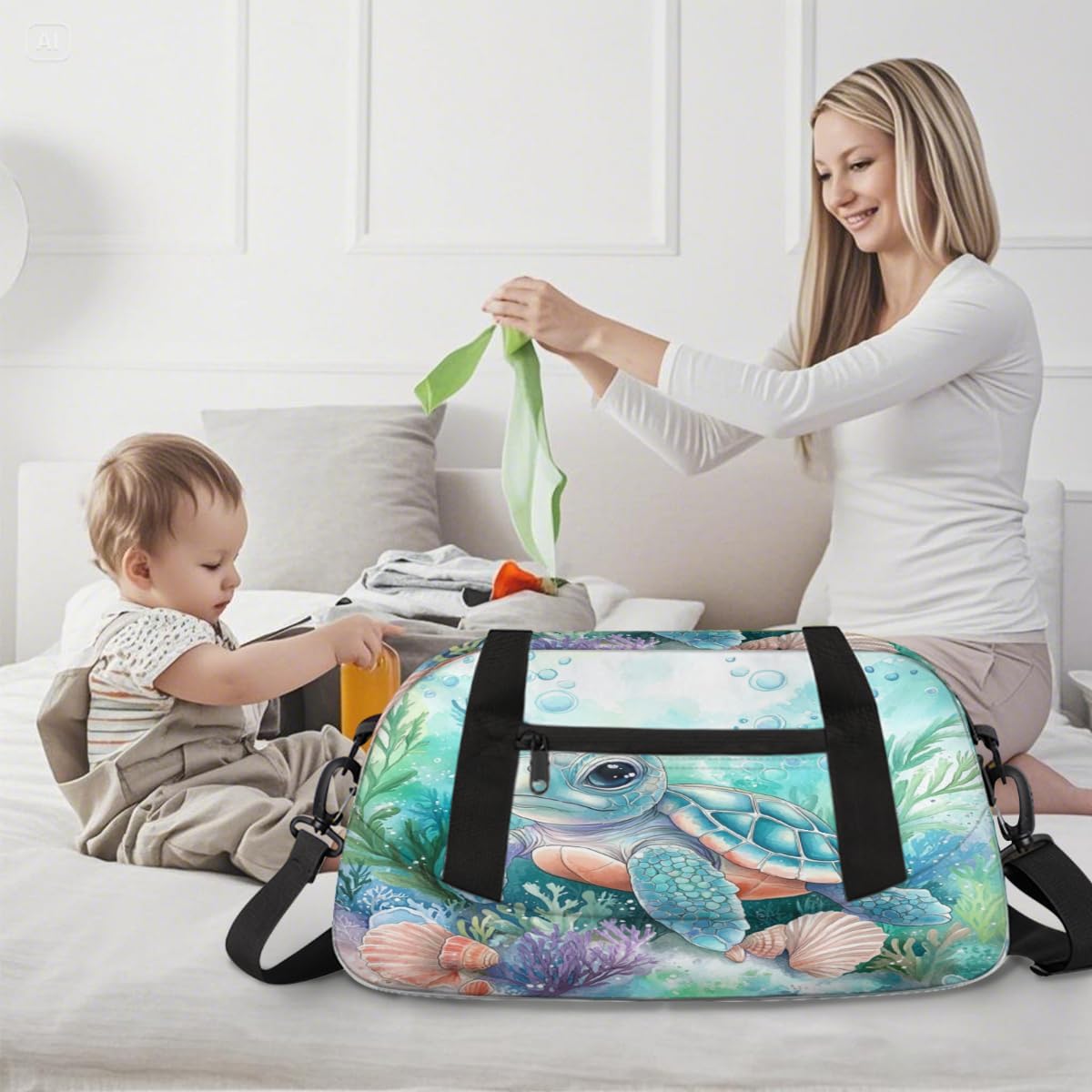 Kids Travel Duffle Bag Weekender Overnight Bag Gym Tote for Boy Girls Carry On Workout Duffel Bag(Marine Animal Cute Baby Turtle)