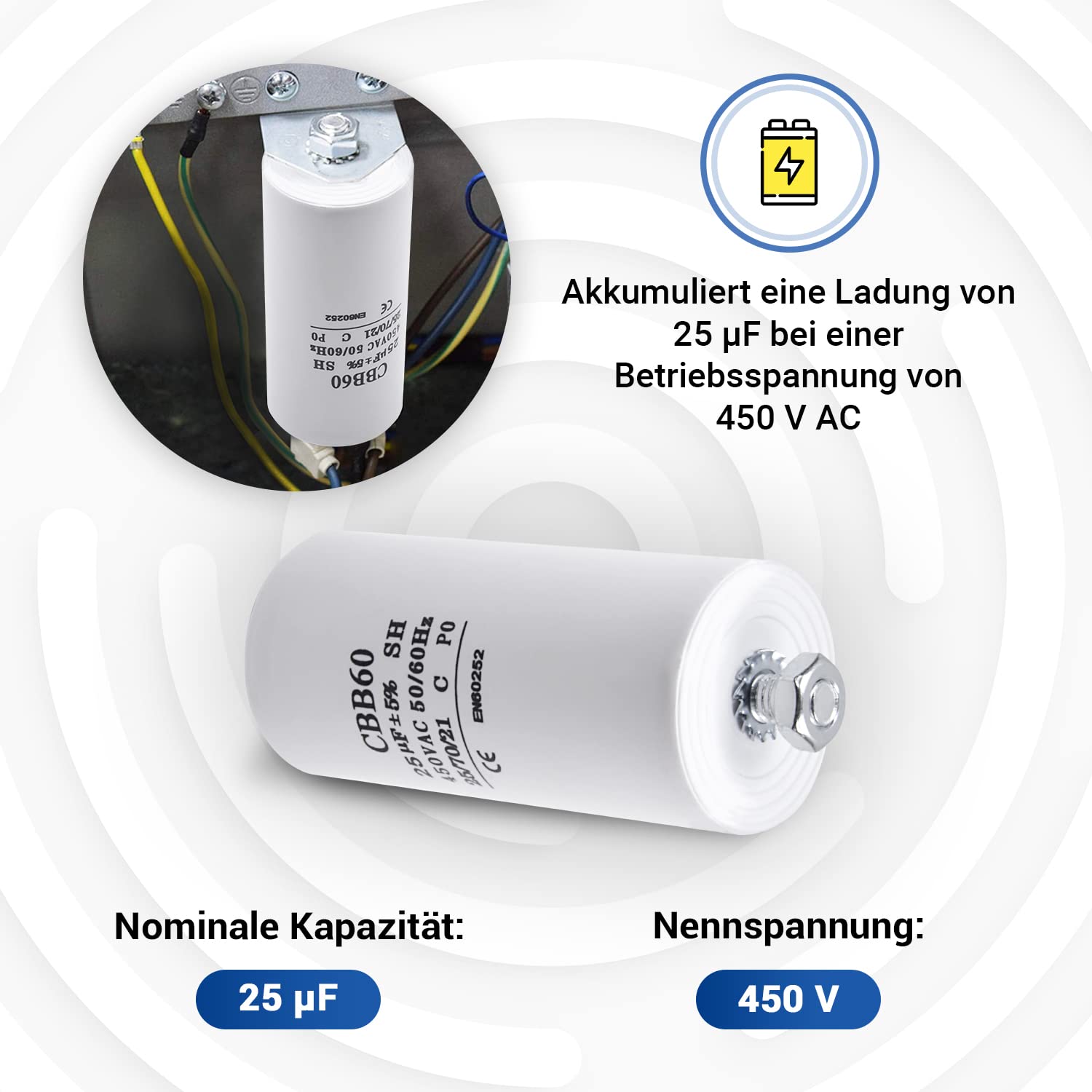 CONDENSATEUR MOTEUR À FILS CBB60 25µF 25uF 450V DÉMARRAGE PERMANENT