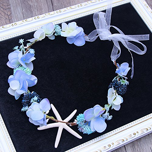 Scala Brand 3 Colors to Choose Bridal Hair Accessories Handmade Headband Beach Starfish Flower Wreath Bride Handmade Wedding Garland Soft Pearl Hair Jewelry (Blue Starfish) - Thumbnail 2