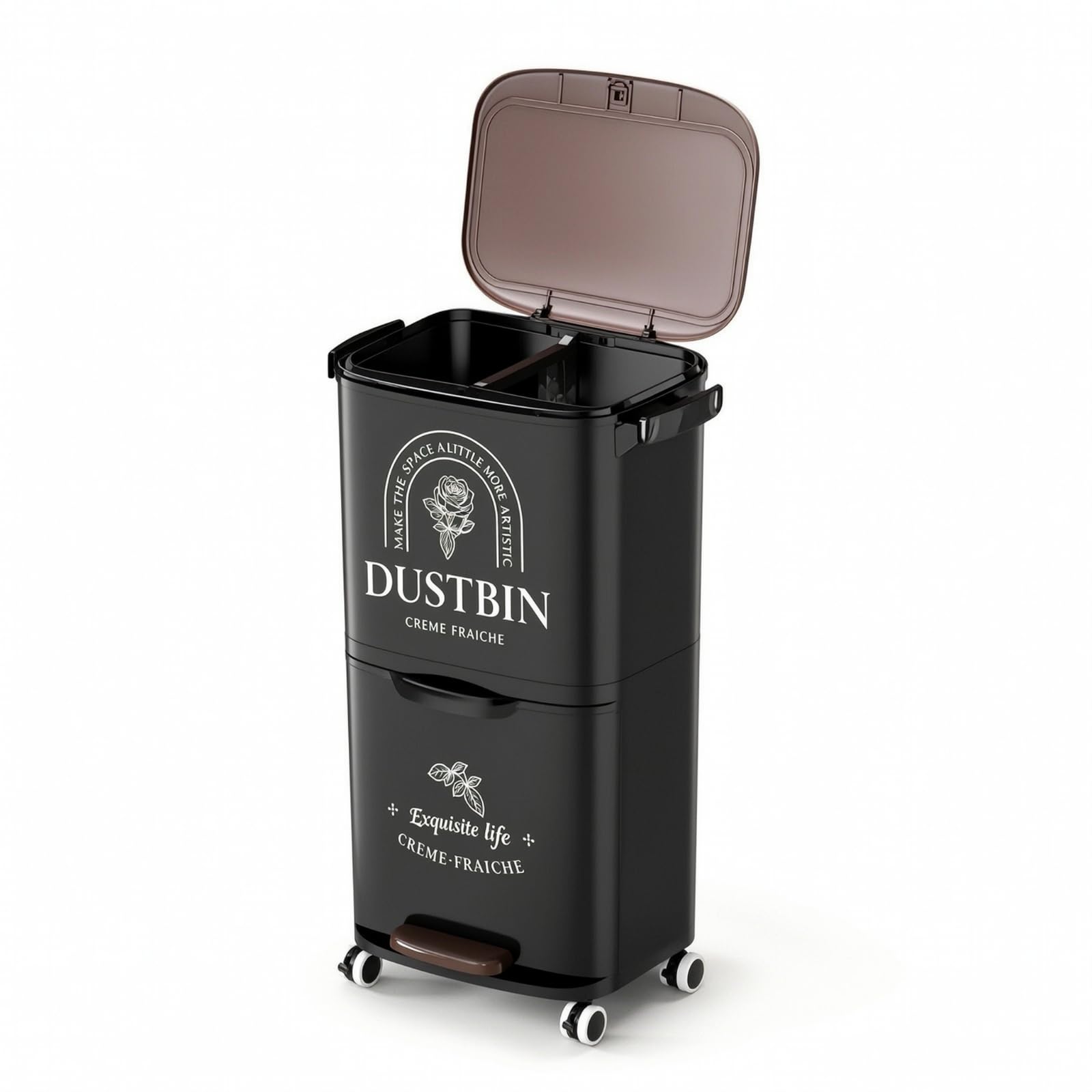 Cubo Basura con Pedal Estrecho Cubo Basura Doble Compartimento Morno Contenedor para Cocina, Negro Misterioso, Size to 1