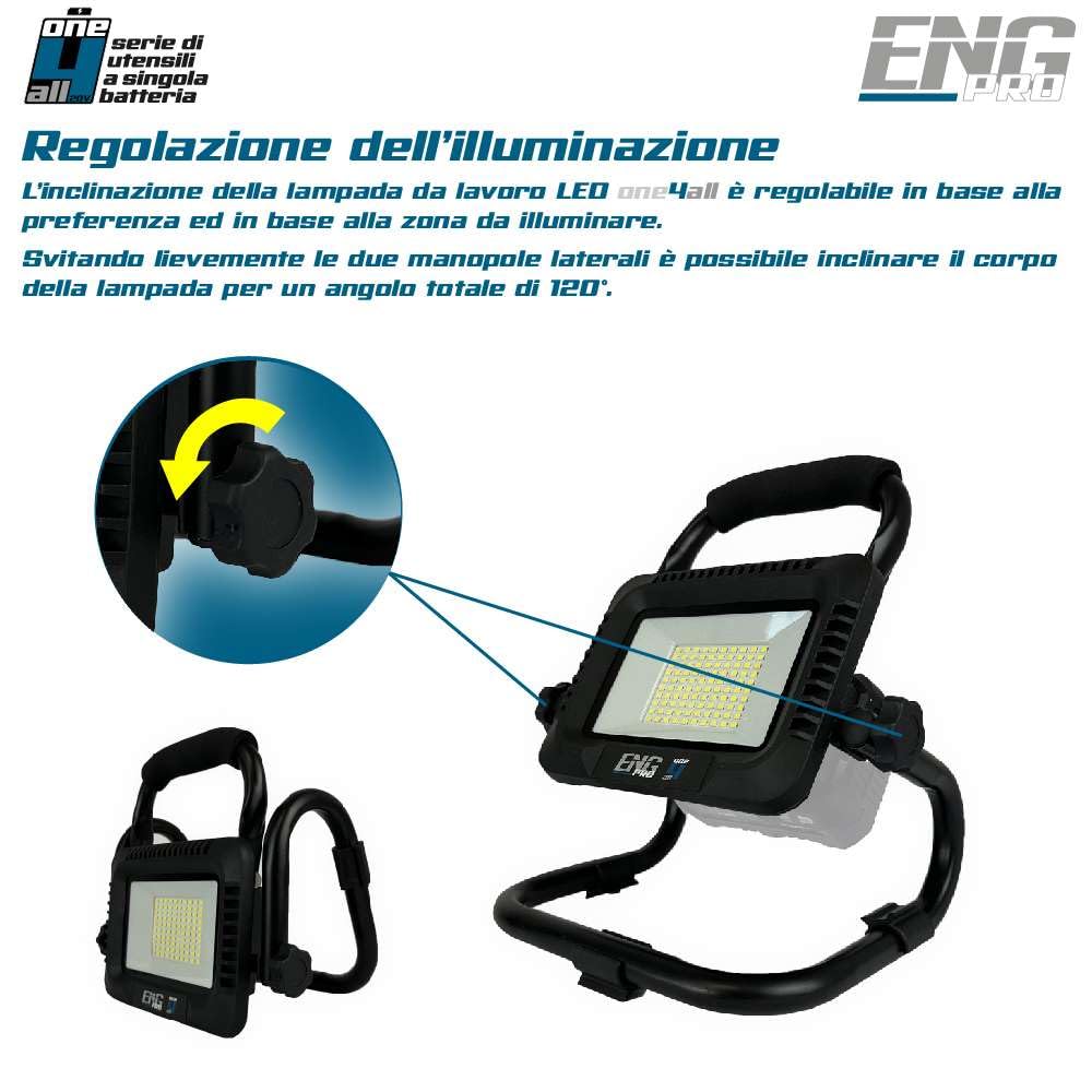 Faro Lampada 100 LED Luce da lavoro Faretto | Linea Professionale a Batteria ONE4ALL | 50 W Luminosità Regolabile fino a 5000 lm | 2 Batterie 2 e 4.0 Ah