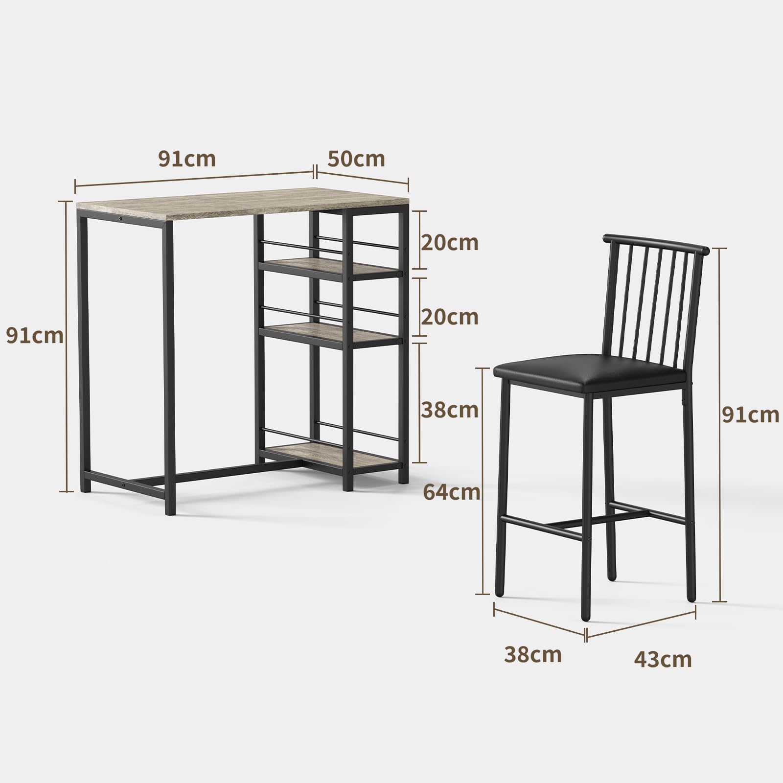 Xbro Bartisch Set 3-Teilig, Esstisch mit 2 Gepolsterten Stühlen, Esstisch-Set für 2 Personen mit 3 Ablagen, Metallgestell-Bartisch mit Barhocker-Set, Bistrotisch für Küche(Grau)