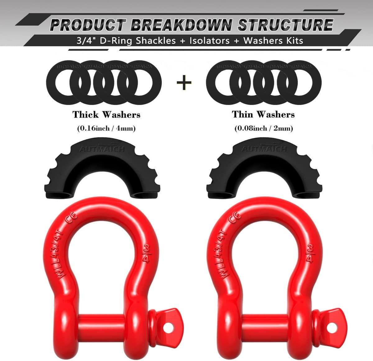 AUTMATCH Shackles 3/4" D Ring Shackle (2 Pack) 41,887Ibs Break Strength with 7/8" Screw Pin and Shackle Isolator & Washers Kit for Tow Strap Winch Off Road Vehicle Recovery Black & Red : Automotive