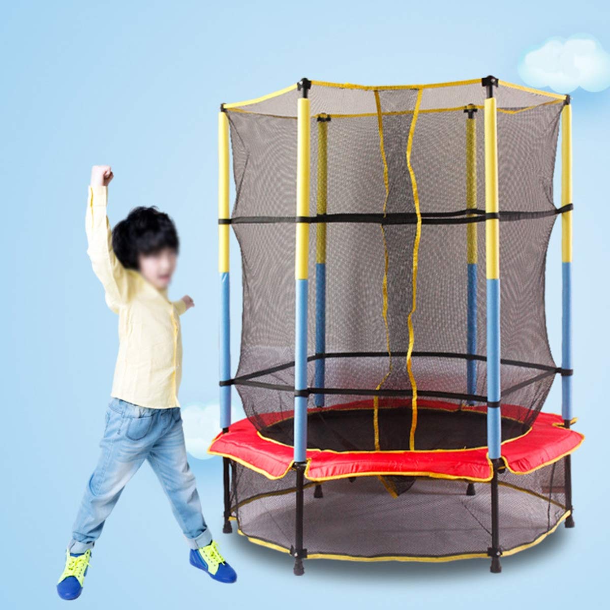 Kids Trampoline Jumping Mat No-Gap Design, with Pole, Enclosure Net, Safety Pad, Wind Stakes, Spring Pull Tool