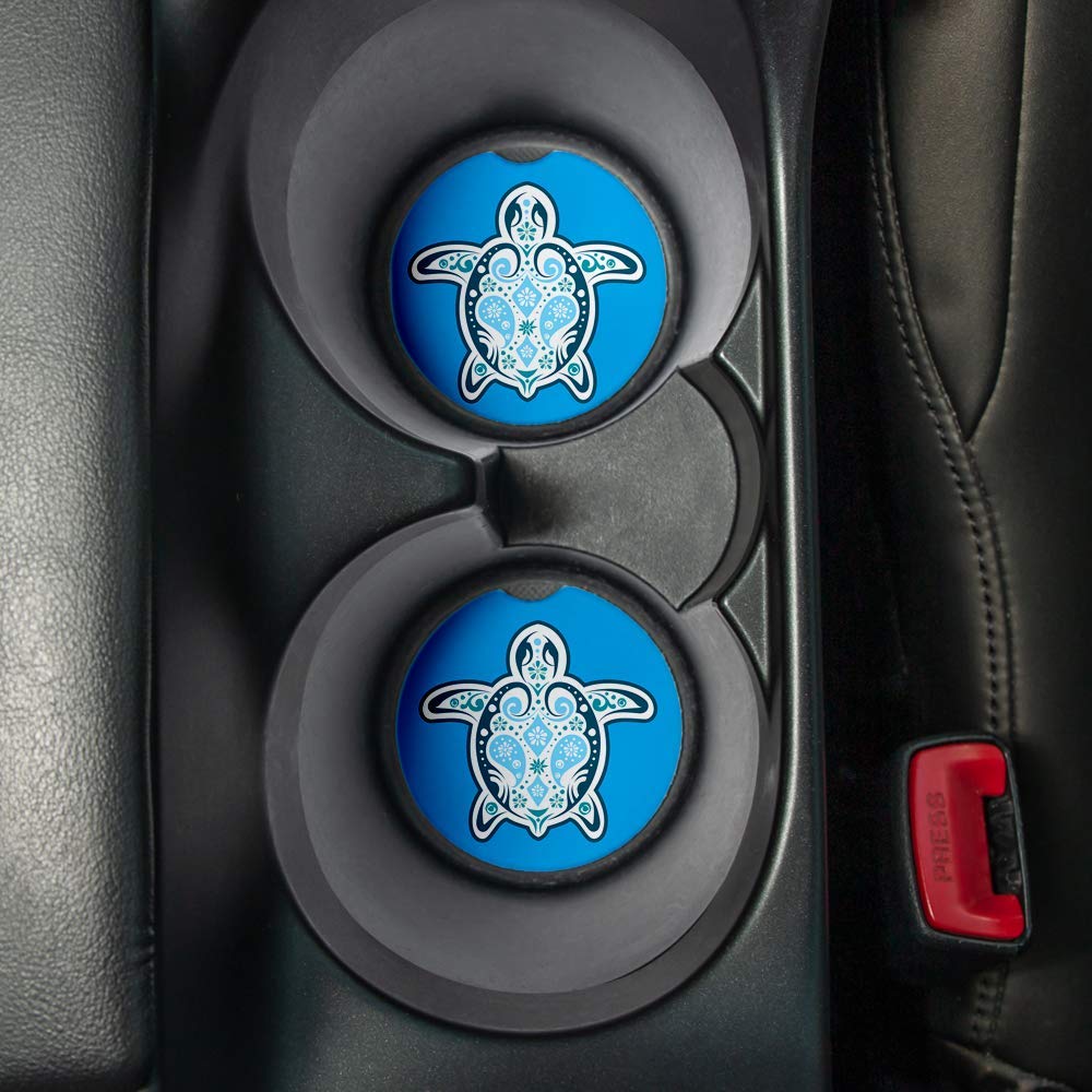 Blue Sea Turtle. Car Coasters for drinks Set of 2. Perfect Car Accessories with absorbent coasters. Car Coaster measures 2.56 inches with rubber backing