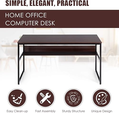 Miniatura 9 de Tangkula Escritorio de ordenador de 53.9in con estantería, mesa de estudio con estante de almacenamiento y marco de metal resistente, escritorio de