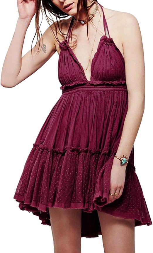 R.Vivimos Womens Summer Halter Deep V Neck Sexy Patchwork Mini Short Dresses