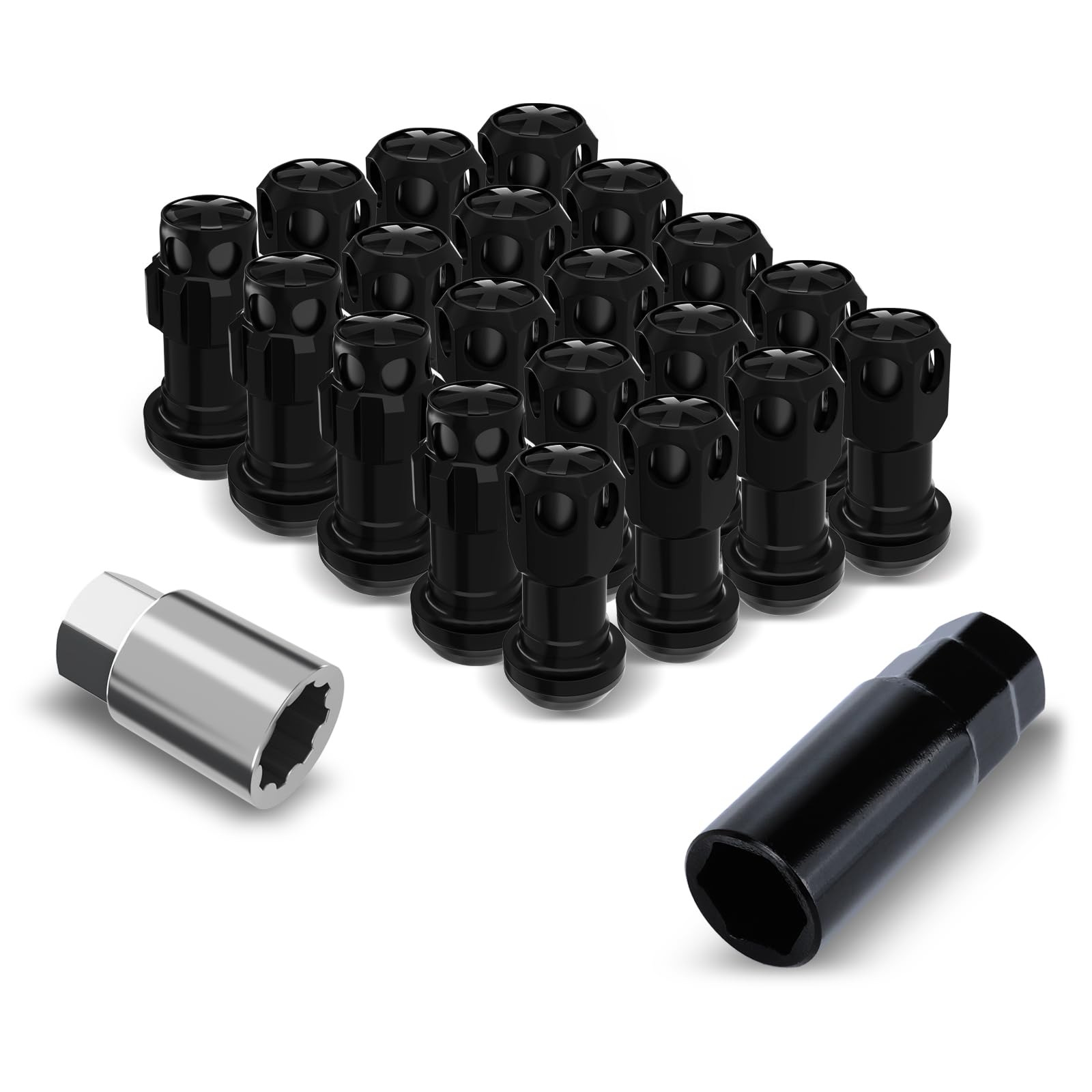 Lug Nuts Aluminum/Alloy Steel Tire Nut Lock 16 PCS Hex Nuts,4xEight Point Spline Nuts,1xHex Socket Key,1xEight Point Spline Socket Key,22mm OD/45mm H (Black Accents/Black Body, M12x1.5)