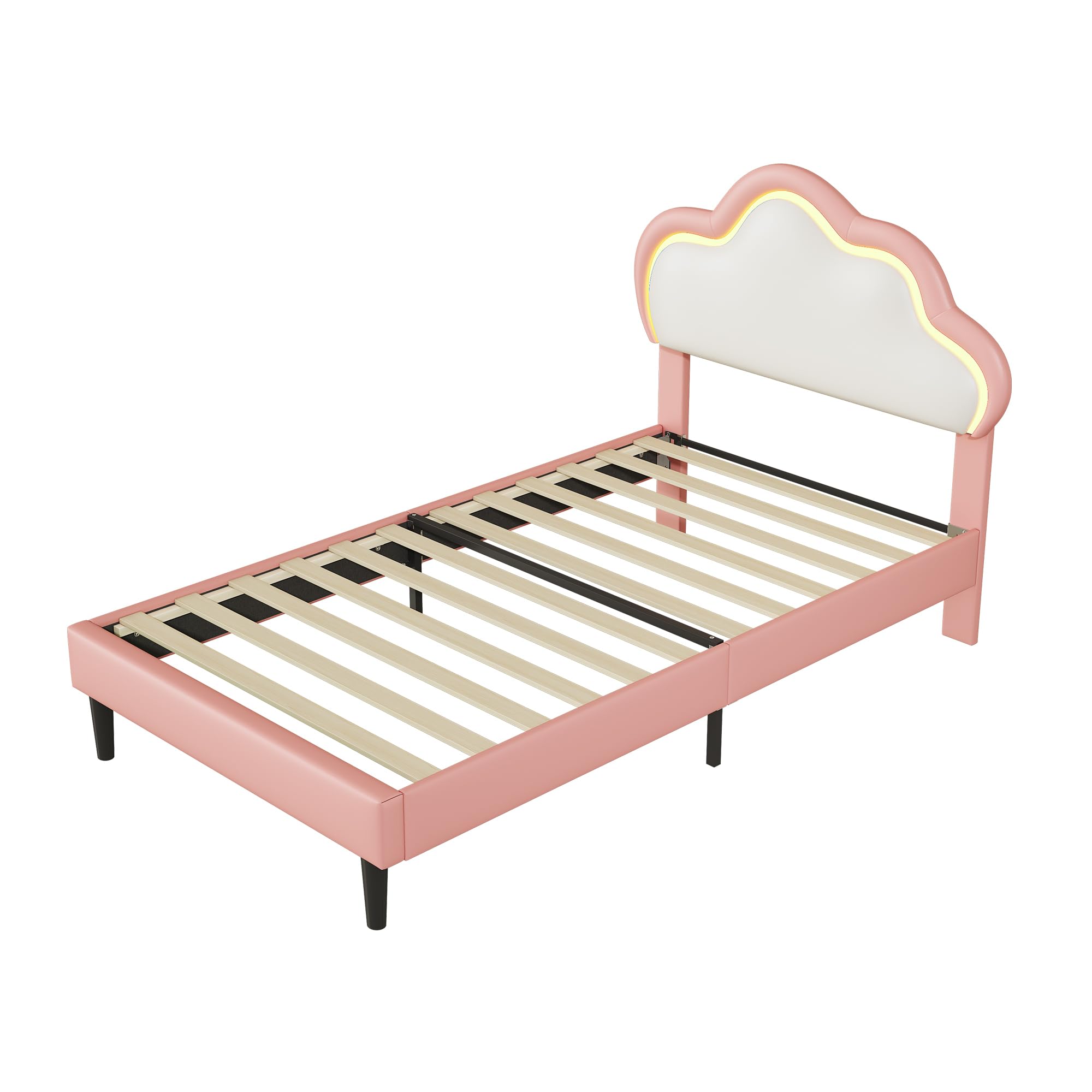 Lit simple 90 x 200 cm, Lit Enfant Fille avec LED, Lit Rembourré avec Tête de Lits Réglable en Hauteur en Forme de Nuage, Lits 1 Place pour Fille et Adolescent, PU, Sans Matelas (Rose + Blanc)