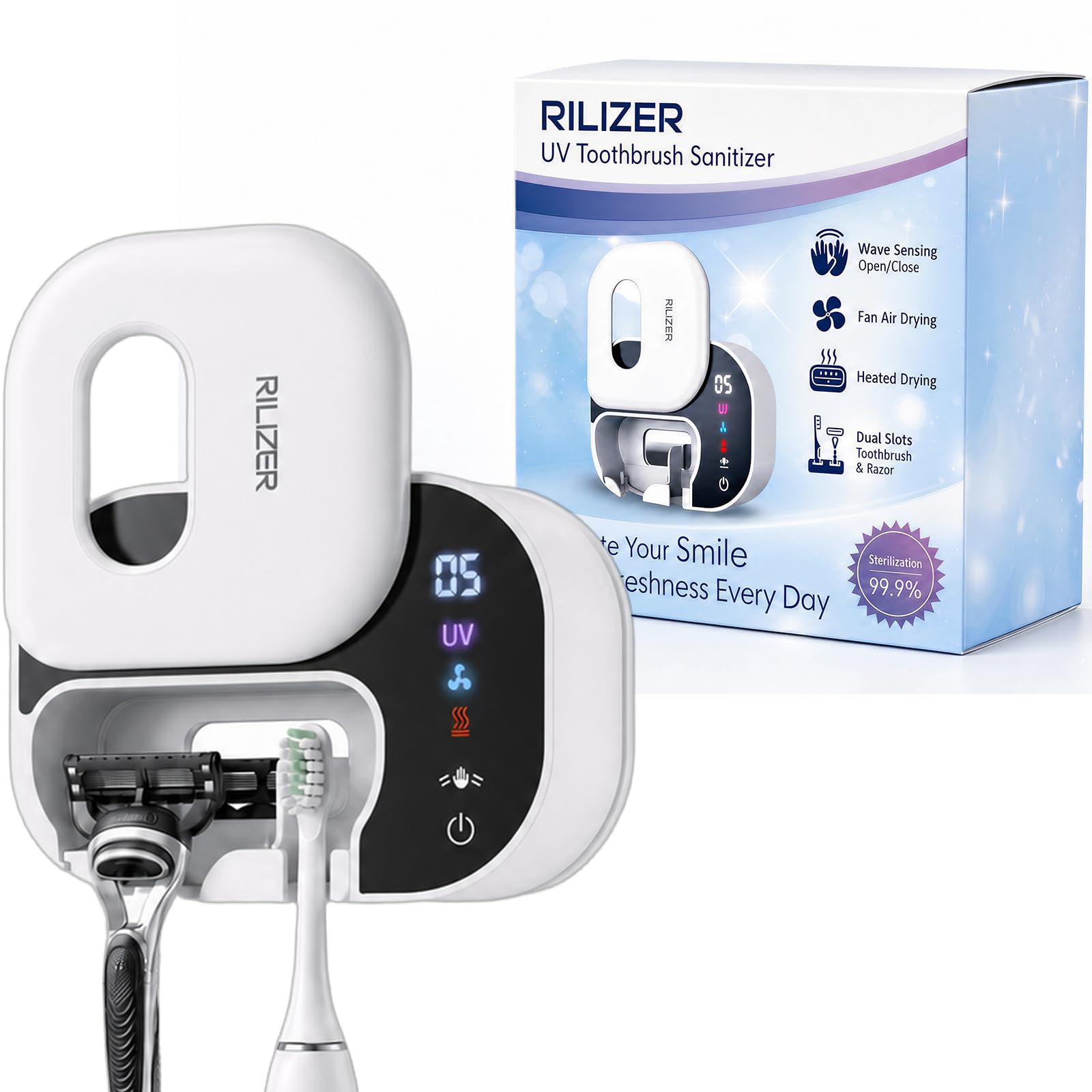 UV Toothbrush Sanitizer Holder, Wall Mounted Toothbrush Cleaner with UV Light, Touchless Wave Sensor Auto Inductive, Fan & Heated Drying, USB Rechargeable Toothbrush & Razor Holder