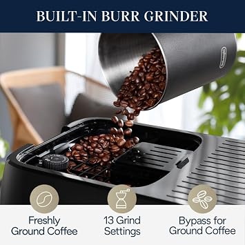 De'Longhi Magnifica Plus Fully Automatic Espresso Machine - Brew 18+ One Touch Coffee Recipes for up to 4 User Profiles, Automatic Milk Steam Wand & Built-in Grinder, Touchscreen Display