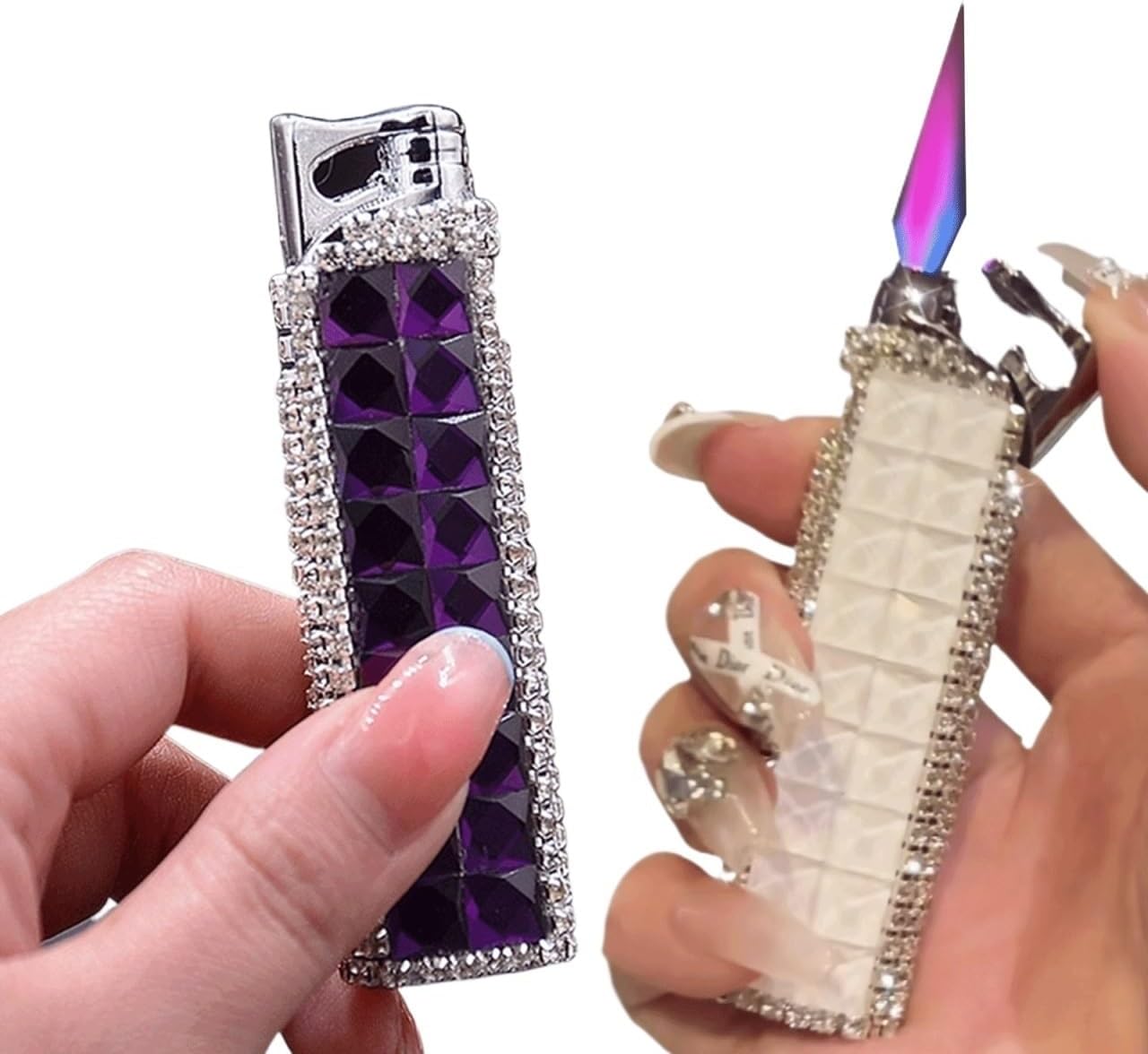 TARVIT 2pcs Mini Thin Butane Lighter，Windproof Jet Pink Blue Flame Cigarettes Lighter ，Cute Bling Glitter Rhinestone Torch Lighters Women Lady Wife Gifts (Color : Purple+White)