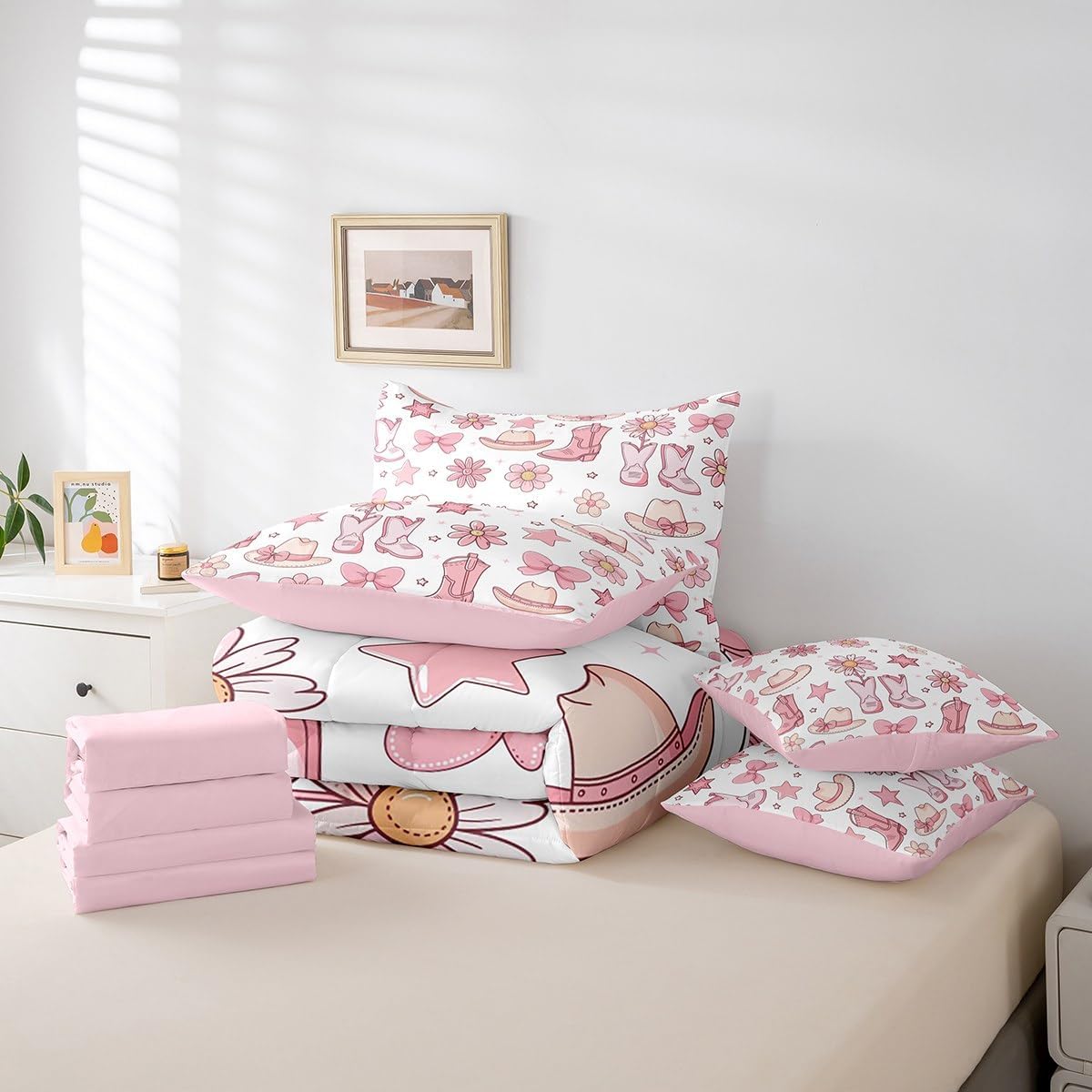 Feelyou Kids Cowgirl Bed in A Bag Queen Size, Cowgirl Horseshoe Comforter Set with Sheets Glitter Stars 7 Pieces Bedding Set Boys Girls Leopard Print Teens Bed Set Bedroom Decor 7Pcs