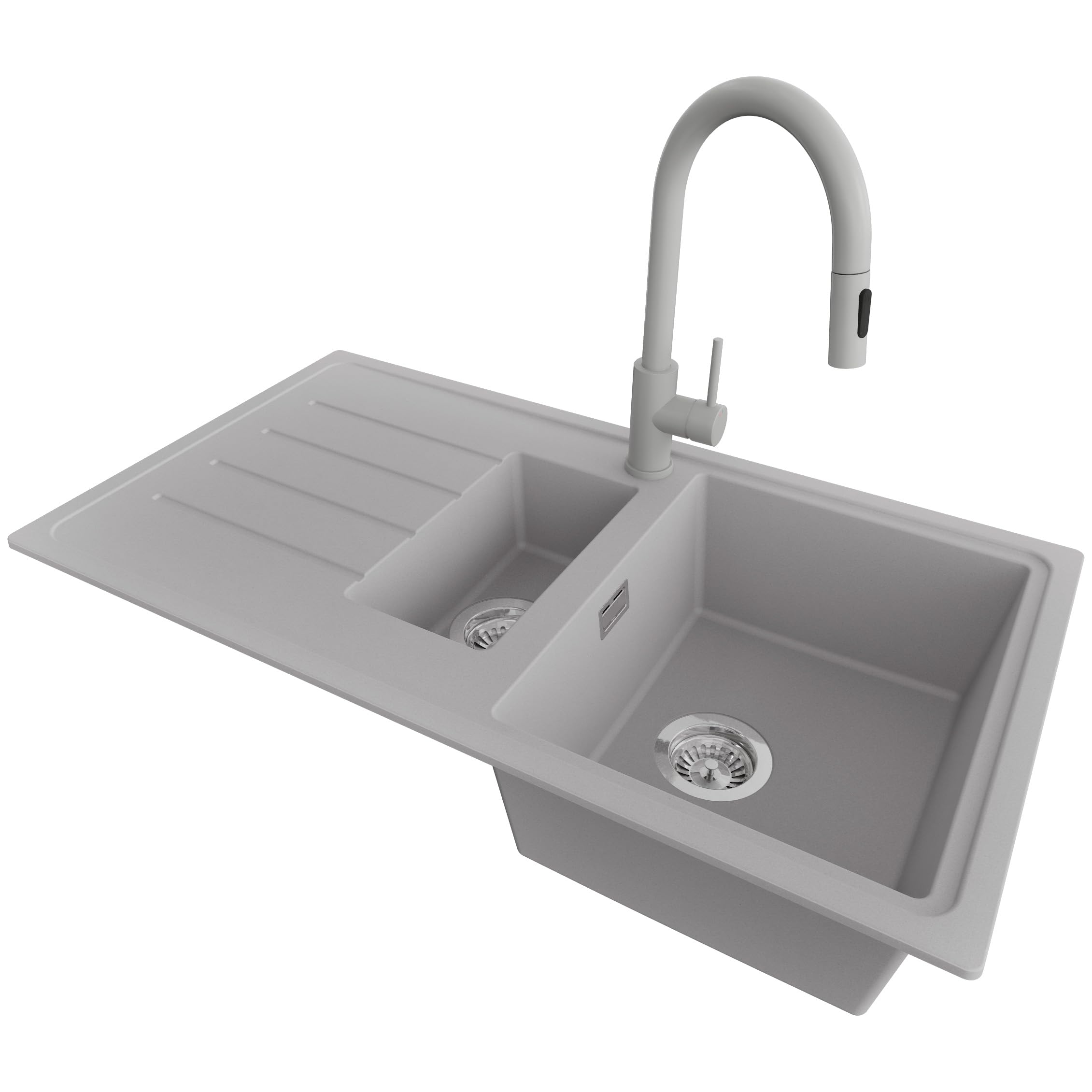 PRIMAGRAN Granitspüle Grau 90x50cm, Spülbecken 1,5 Becken + Küchenarmatur 40x20cm + Ablauf-Set, Küchenspüle ab 60er Unterschrank - Kopenhagen Duo S023