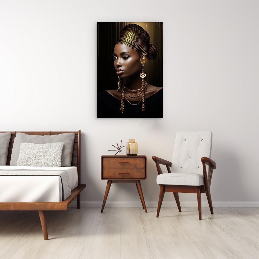 Canvas for Living room. Golden Serenity: The Elegance of an African Portrait, 27 x 18 inch Canvas Wall Art - Contemporary Masterpieces - Modern Home Decor - 69x46 cm (27x18 inch)