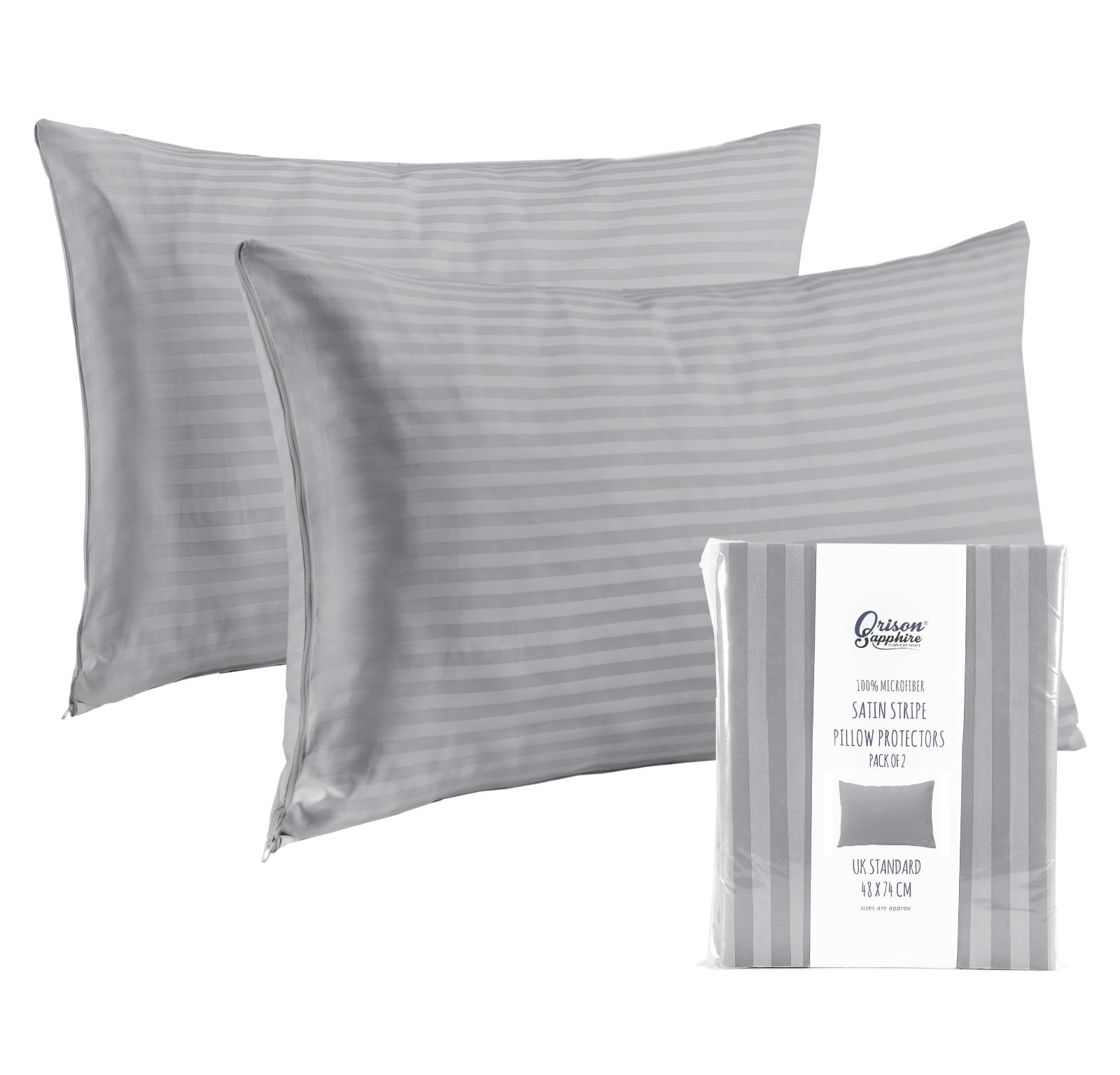 Pillow Protectors 2 Pack Microfiber Satin Stripe Anti-Allergy Zipped, Grey