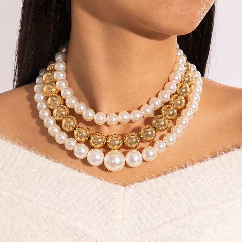 Chunky Gold Beaded Statement Necklace for Women Trendy Bulky Thick Big Faux Pearls Choker Exaggerated Large Beads Ball Layered Necklace Stack Fashion Jewelry - Image 3