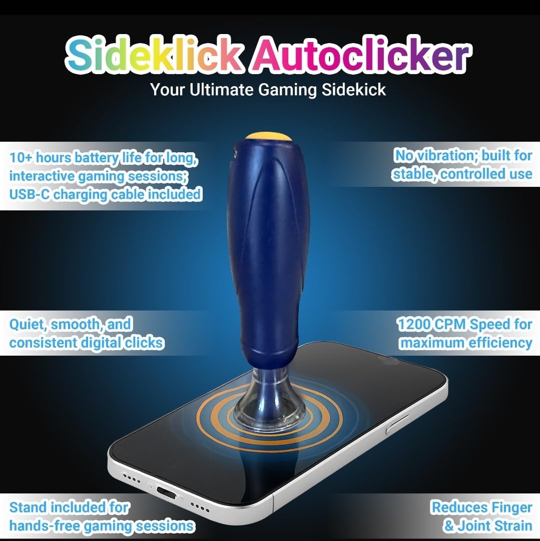 SIDEKLICK Autoclicker para jugadores – Turbo 1200 clics/min, modo dual (rápido o sostenido), batería de larga duración, soporte de juego manos libres – Funciona con juegos de clic y más