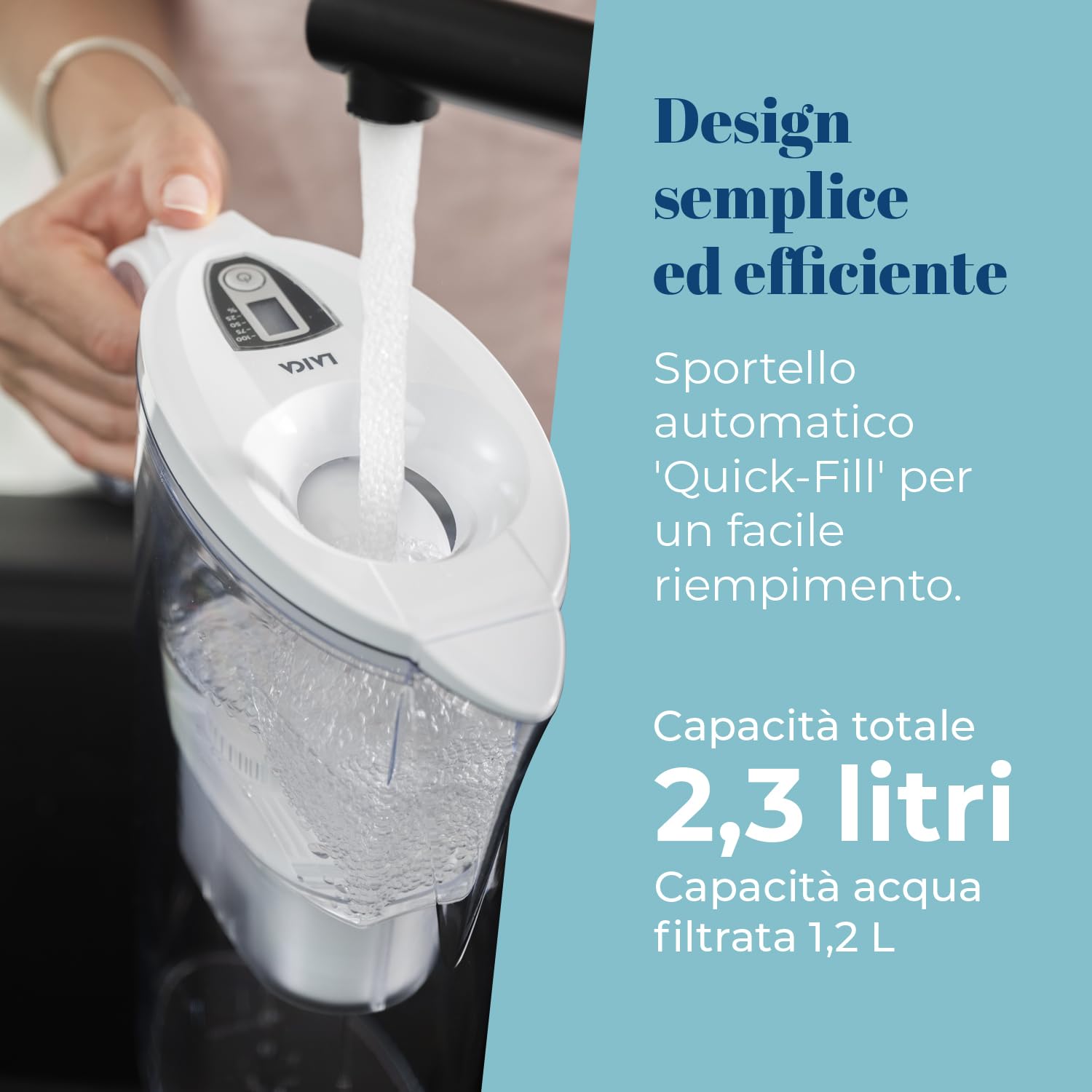 LAICA Stream Line Caraffa Filtrante - 2,3L - Bianca - Timer Digitale - 1 Filtri bi-flux Incluso, Preserva i Sali Minerali Utili all'Organismo e Riduce Cloro e Metalli Pesanti - Made in Italy
