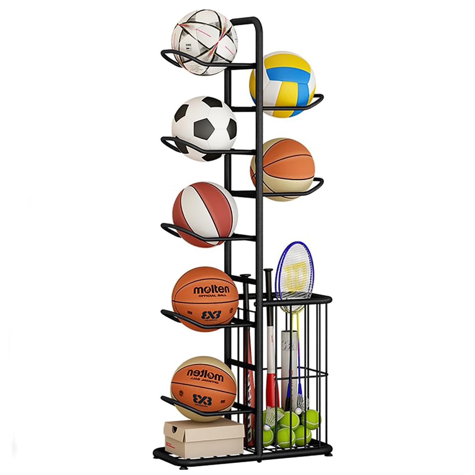 Ball Storage Football Rack,Stable Sports Equipment Storage Organizer, Garage Ball Holder for Volleyball Football Badminton,Black