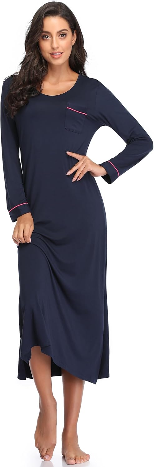 COLORFULLEAF Nightgowns for Women Long Sleeve V Neck Nightshirts Soft Full Length Sleepwear with Pockets - Image 4