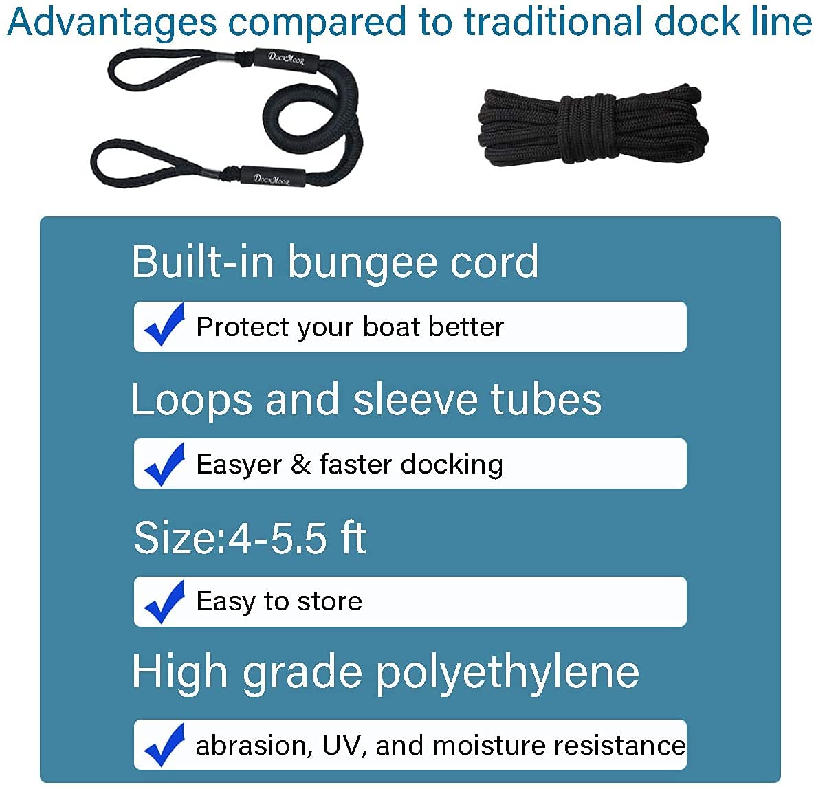 Jranter Bungee-Dockleine, Festmacherleine für Boot, 108 cm, Schwarz, 2 Stück