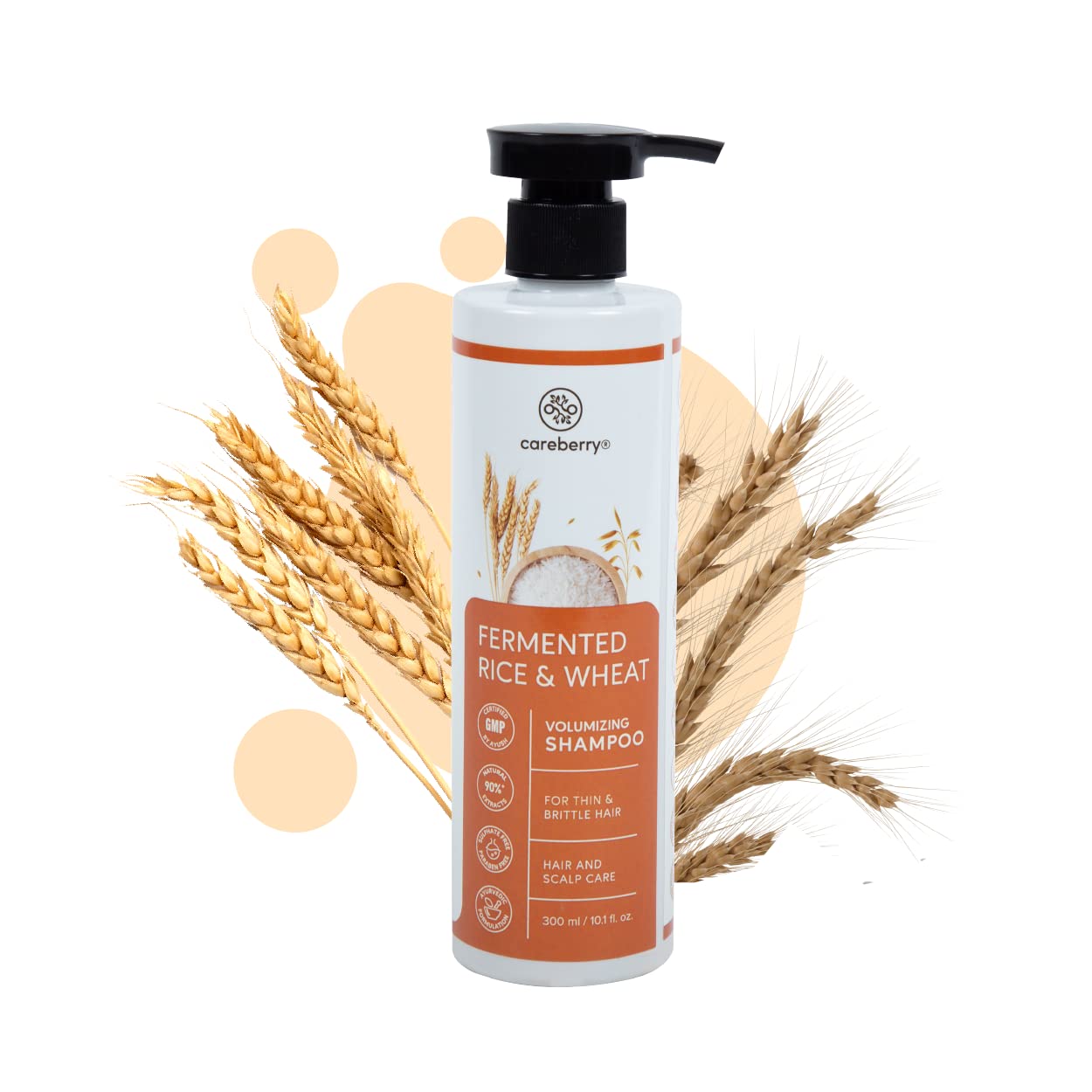 CareberryFermented Rice Water & Wheat Volumizing Shampoo, Ayush Certified Ayurvedic, Sulphate & Paraben Free, Gluten & GMO Free, PH Balanced, 300ml