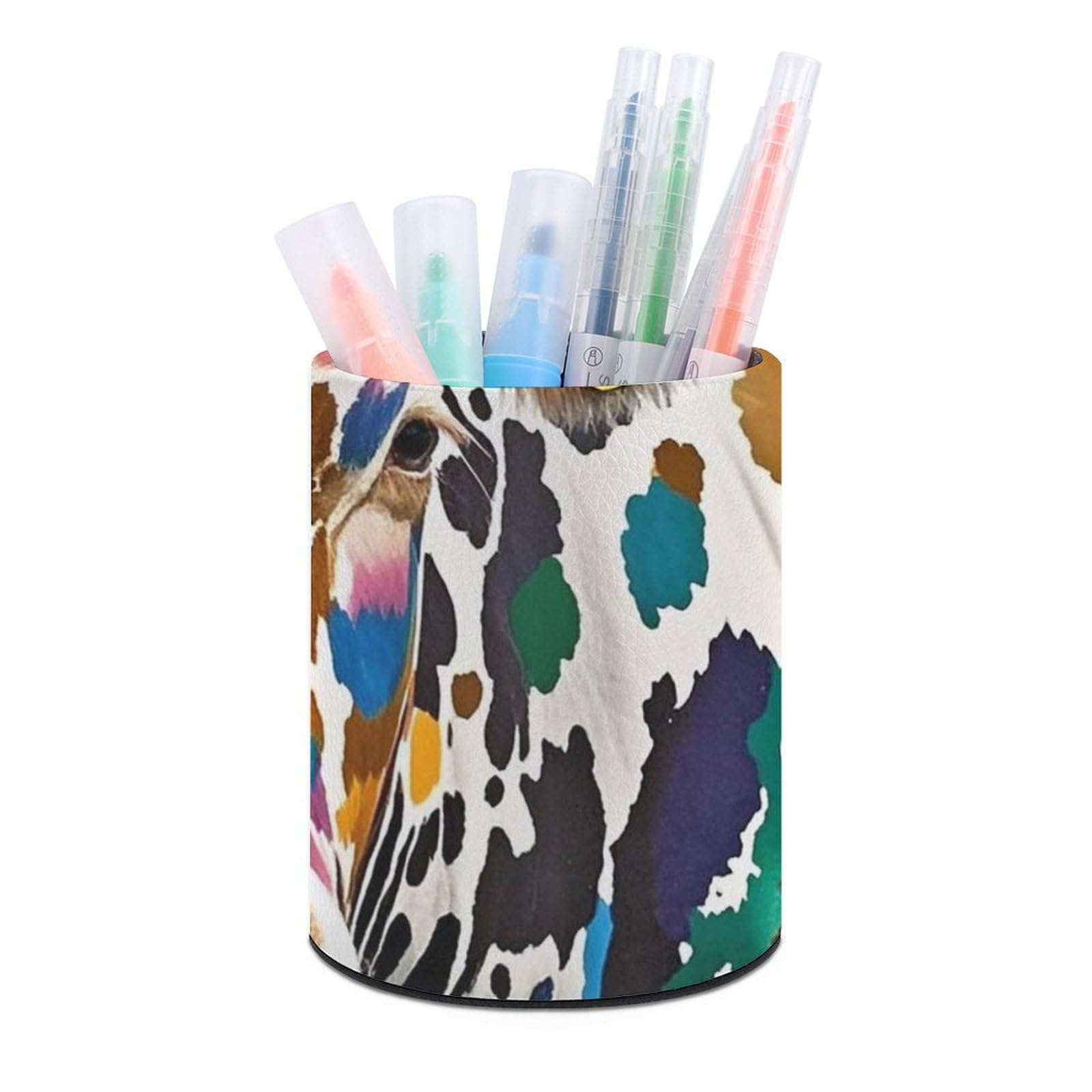 FekiLoot PU Leather Round Pen Holder Cow Spot Pencil Holder Desk Organizer Pen Organizer Pen Cup Pencil Cup Caddy Desktop Stationery Organizers for Office Home Supplies