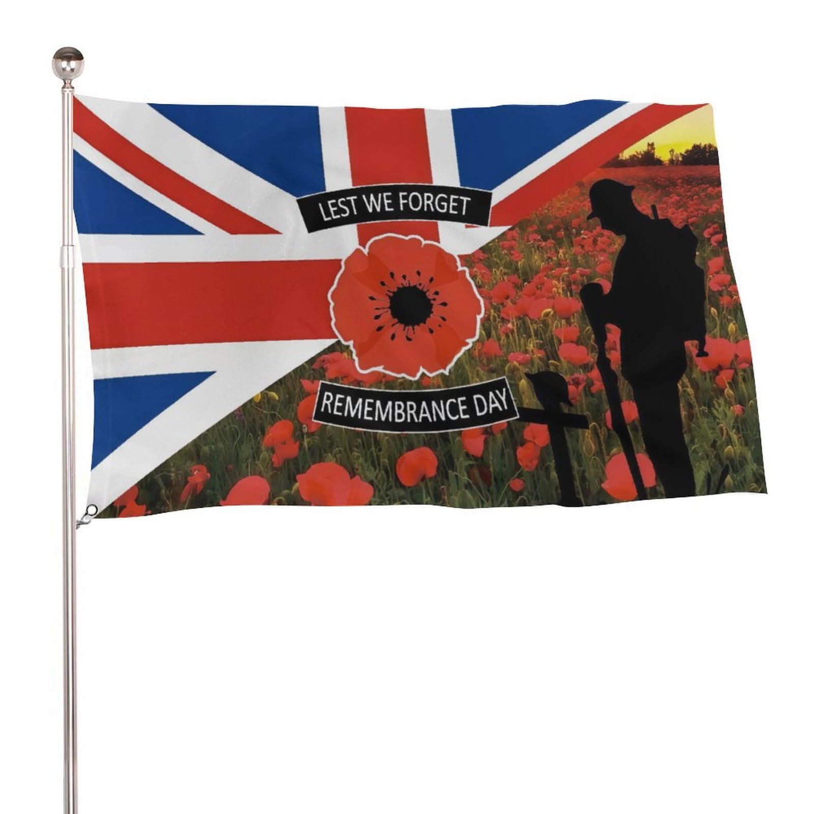 Lest We Forget Remembrance Day Union Jack Flag 115D Polyester 5x3 ft with 2 Metal Eyelets