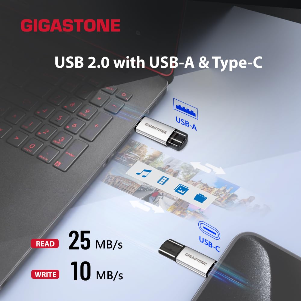 GIGASTONE V40S USB 2.0, pamięć 2 w 1 typu A i typ C, Highspeed, konstrukcja z nasadką ochronną, Plug & Play do smartfonów/komputerów PC / Mac/TV/Auto Audio