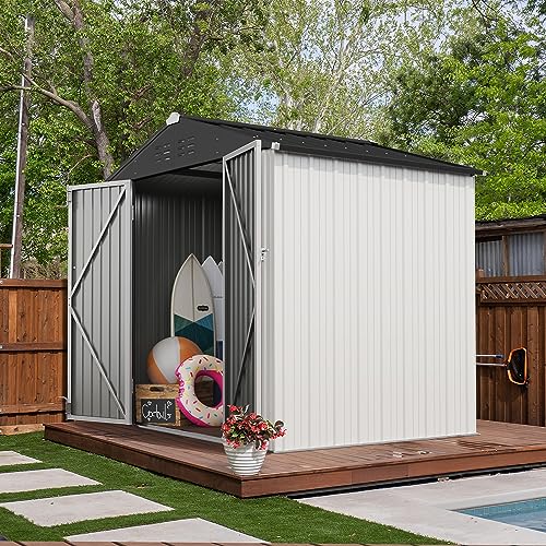 Image of Devoko Outdoor Storage Shed 8 x 6 FT Lockable Metal Garden Shed Steel Anti-Corrosion Storage House with Single Lockable Door for Backyard Outdoor Patio (White)