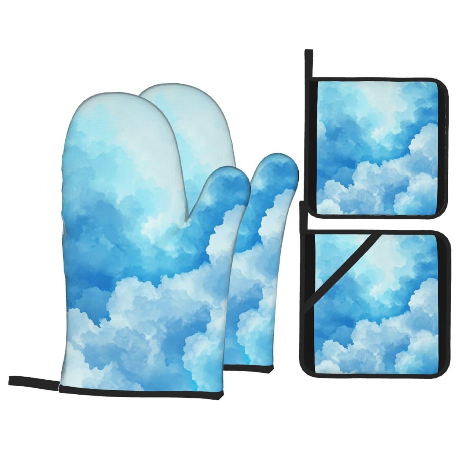 Guantes Barbacoa Blanco Azul Manoplas Horno Almohadillas Aislantes Juego De 4 - Acolchado Resistente al Calor, Flexible,Cocina multipropósito