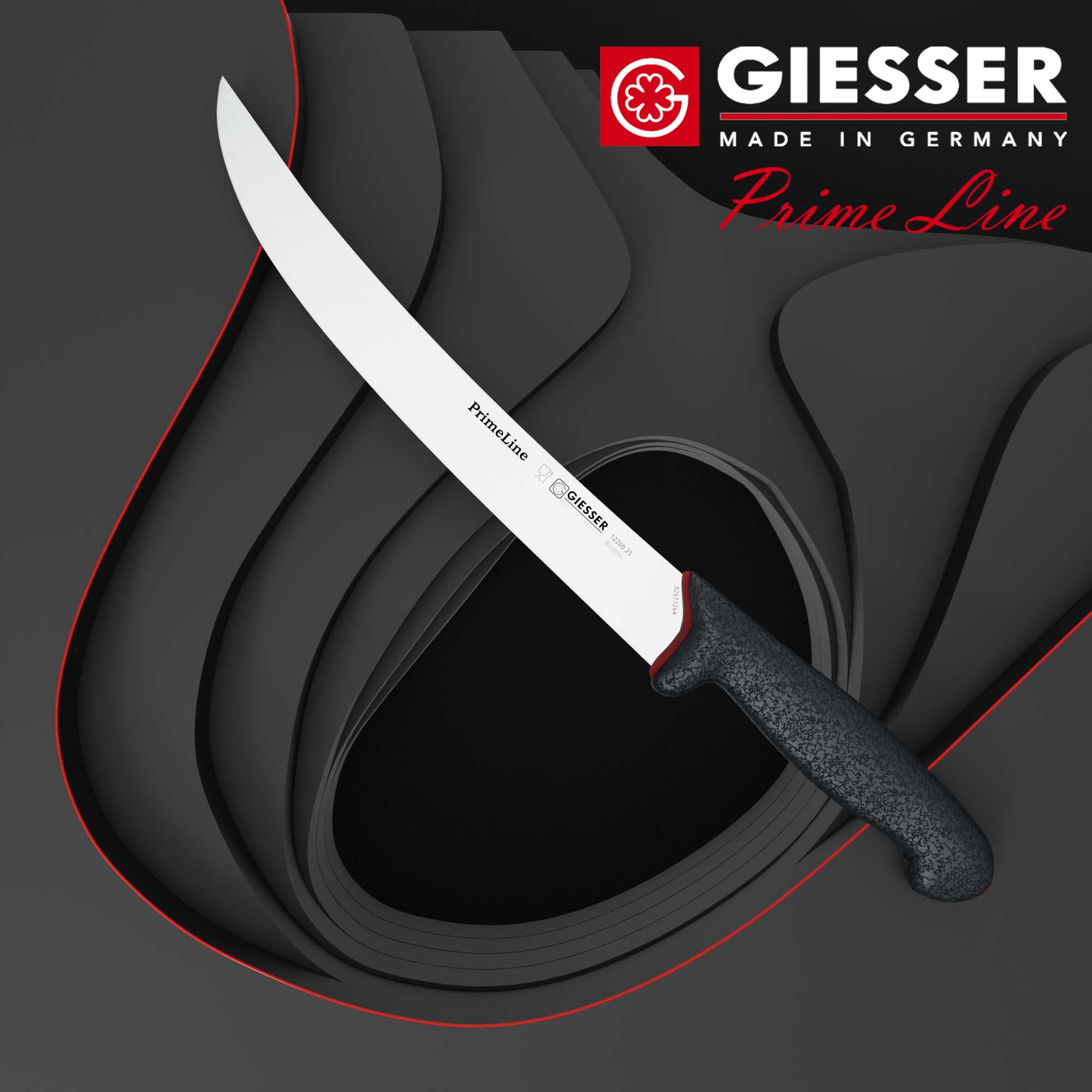 Giesser depuis 1776 - fabriqué en Allemagne - Couteau à fileter antidérapant PrimeLine, lame 25 cm, noir, couteau à fileter tranchant lavable en lave-vaisselle, inoxydable