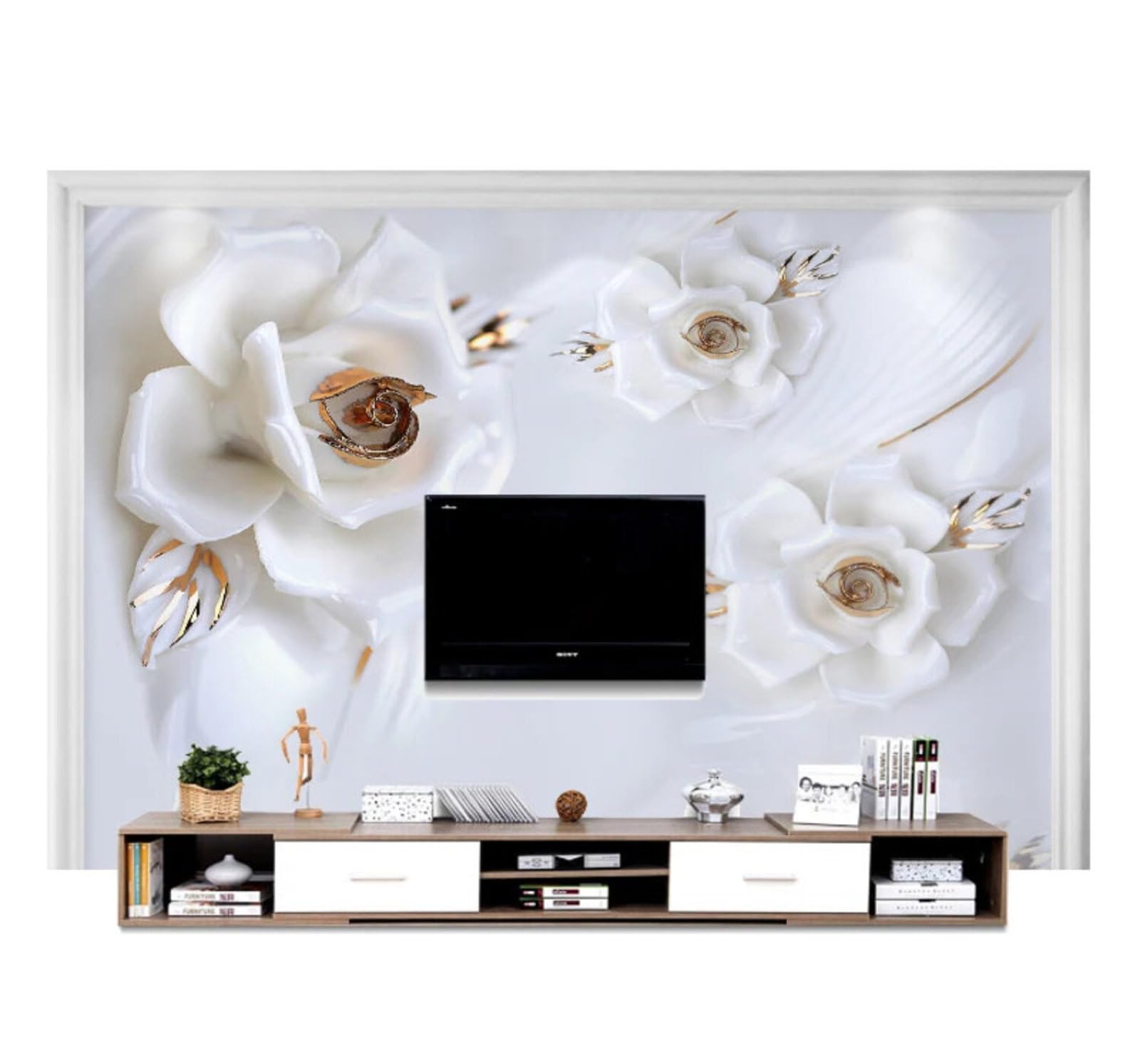 Simple Three Dimensional Jade Carving Beautiful Rose 3D Wallpaper Easy Install Feature Office Living Room Sofa Bedroom TV Background Wall Decoration-250cm×170cm