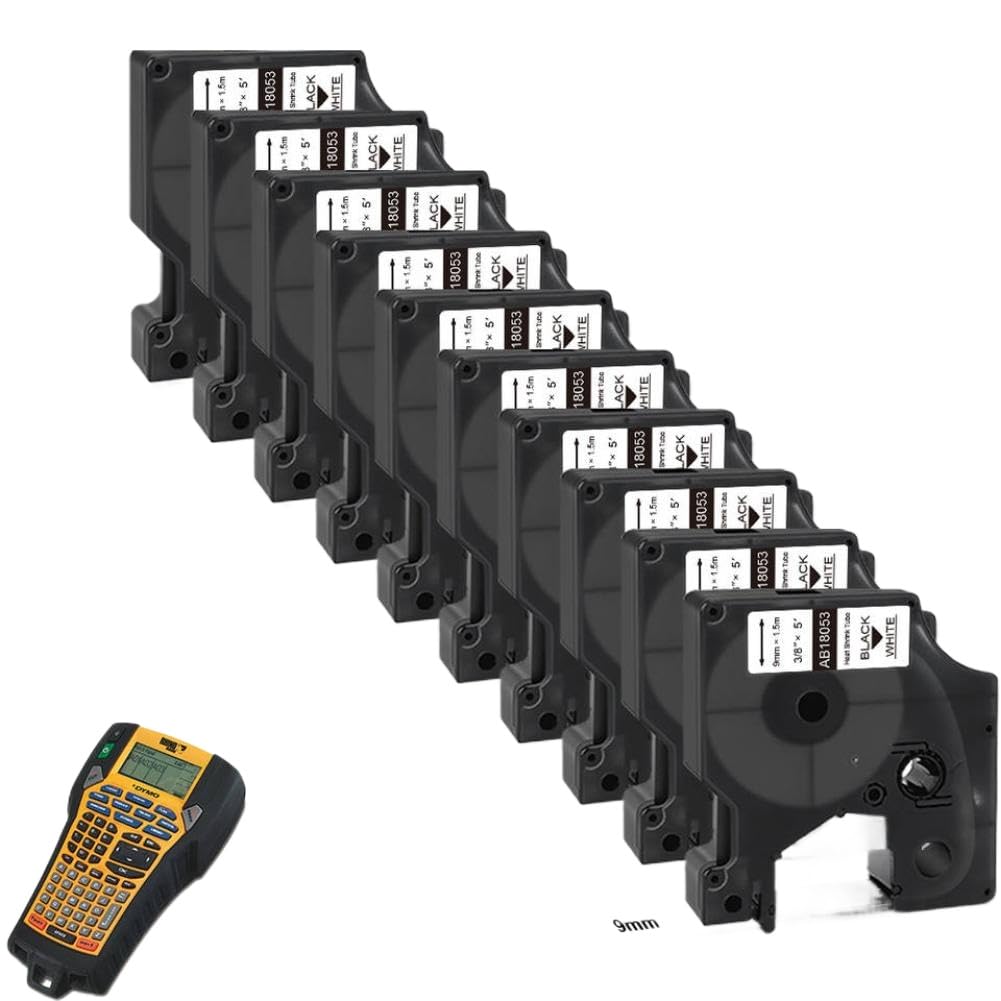 Nastro per etichette con tubo termoretraibile 9mm Nero su bianco 10 pezzi 18053 compatibile con l'etichettatrice 1000 3000 4200 5000 5200 6000