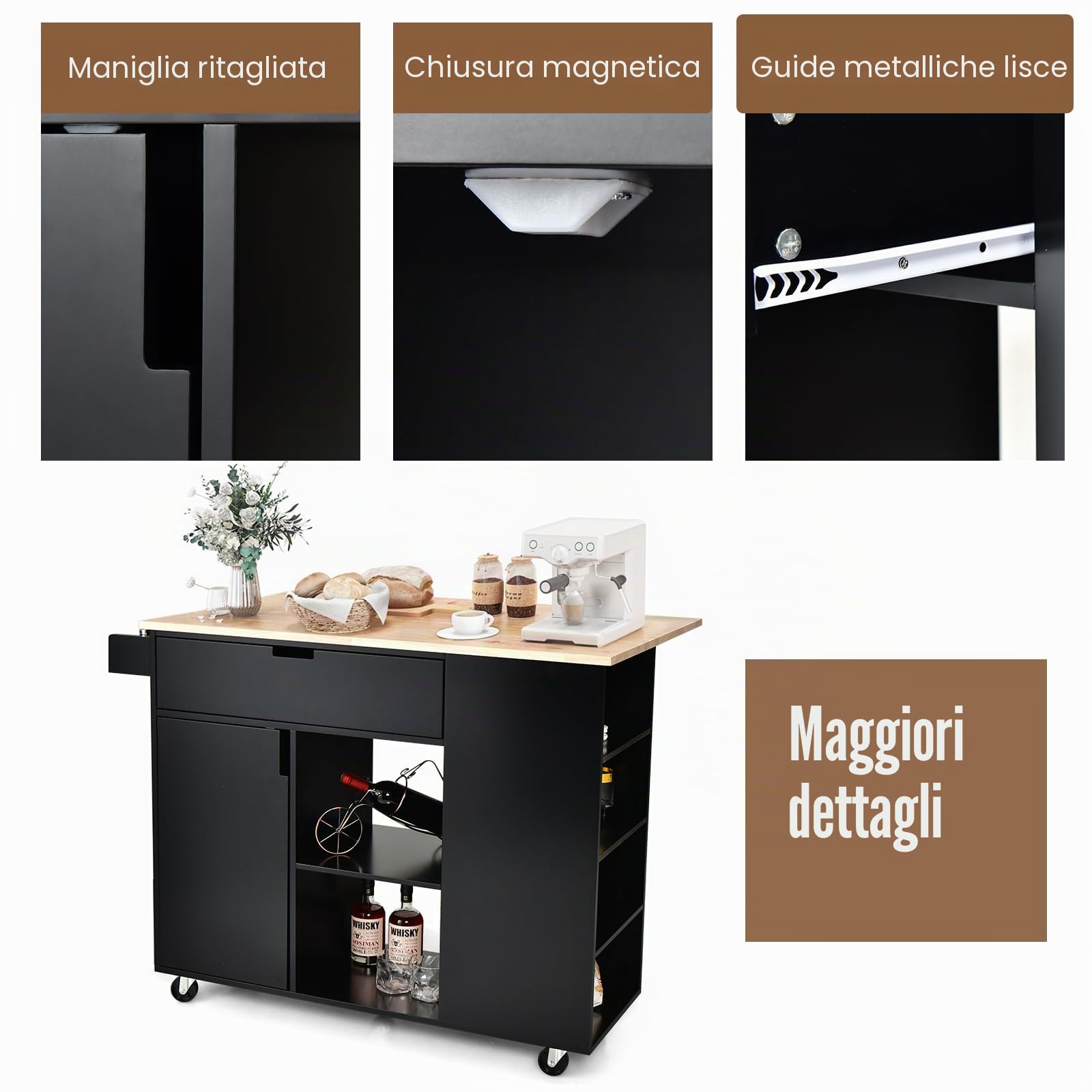 KOMFOTTEU Carrello da Cucina a Isola in Legno, Carrello di Servizio con Piano di Lavoro Estraibile, Mobile da Cucina con Cassetto, Ripiano Regolabile, Carrello da Cucina a Isola (Nero)