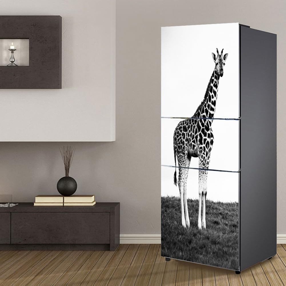 Fridge Stickers, Fridge Sticker Full Covering Door Covers Decor, Freezer Skins Wall Stickers for Kitchen Decal, Black and White Giraffe(S: 60x150 cm)