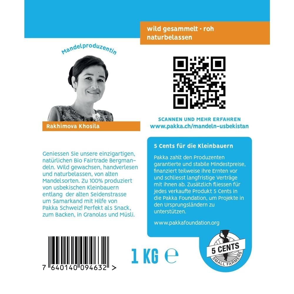 PAKKA - Bio Fairtrade Mandeln - rohe wilde Bergmandeln 1kg, Öko Mandelkerne mit brauner Haut, wildgesammelt direkt von Kleinbauern aus Samarkand in Usbekistan, vegan, Familienpackung, 1000g (1er Pack)