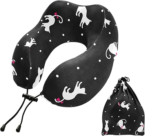 Almohada de viaje negra con diseño de gatos lindos, almohada de cuello de espuma viscoelástica con bolsa de almacenamiento, almohada portátil de