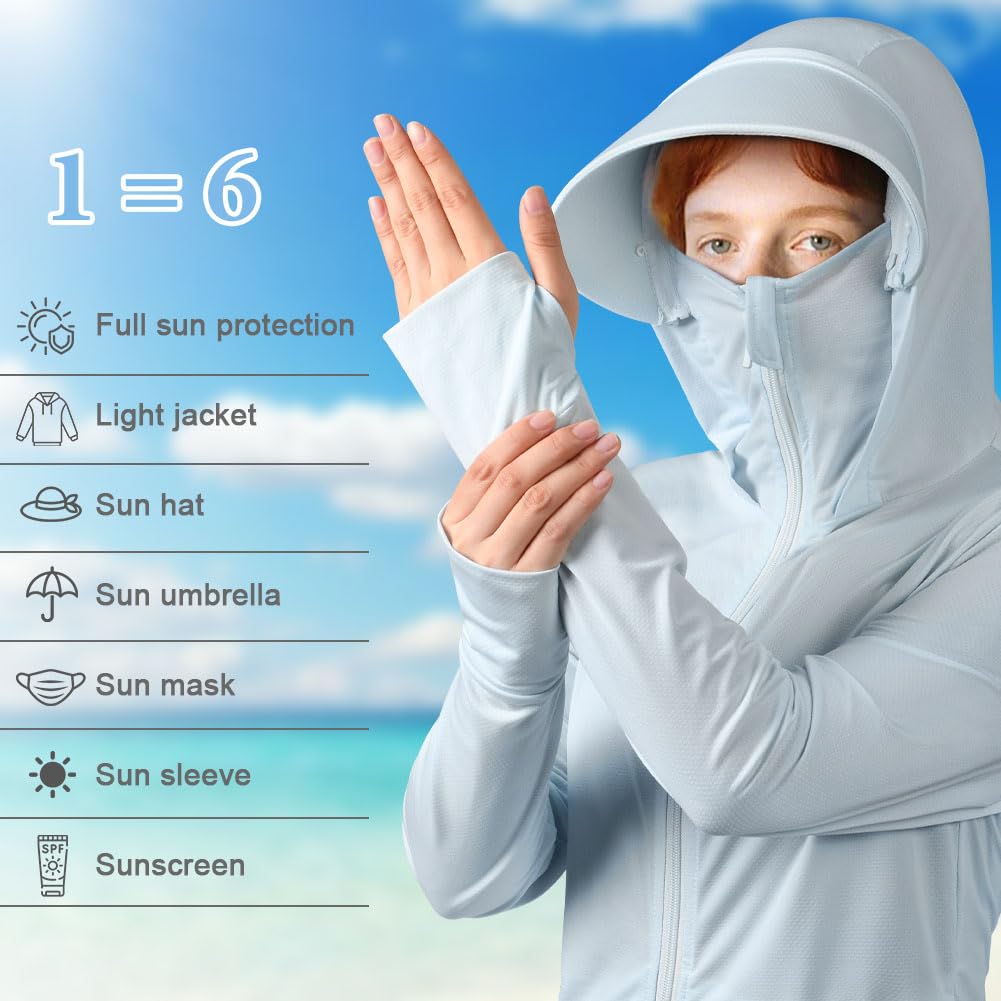 AUYAO UPF50+ Veste à Capuche Femme, Vestes de Sport Protection Solaire Respirant avec Poches, Sweat a Capuche Manches Longues, Chemise Anti UV Ete Femme Homme pour Running, Jogging, Baignade(M-L) - 5