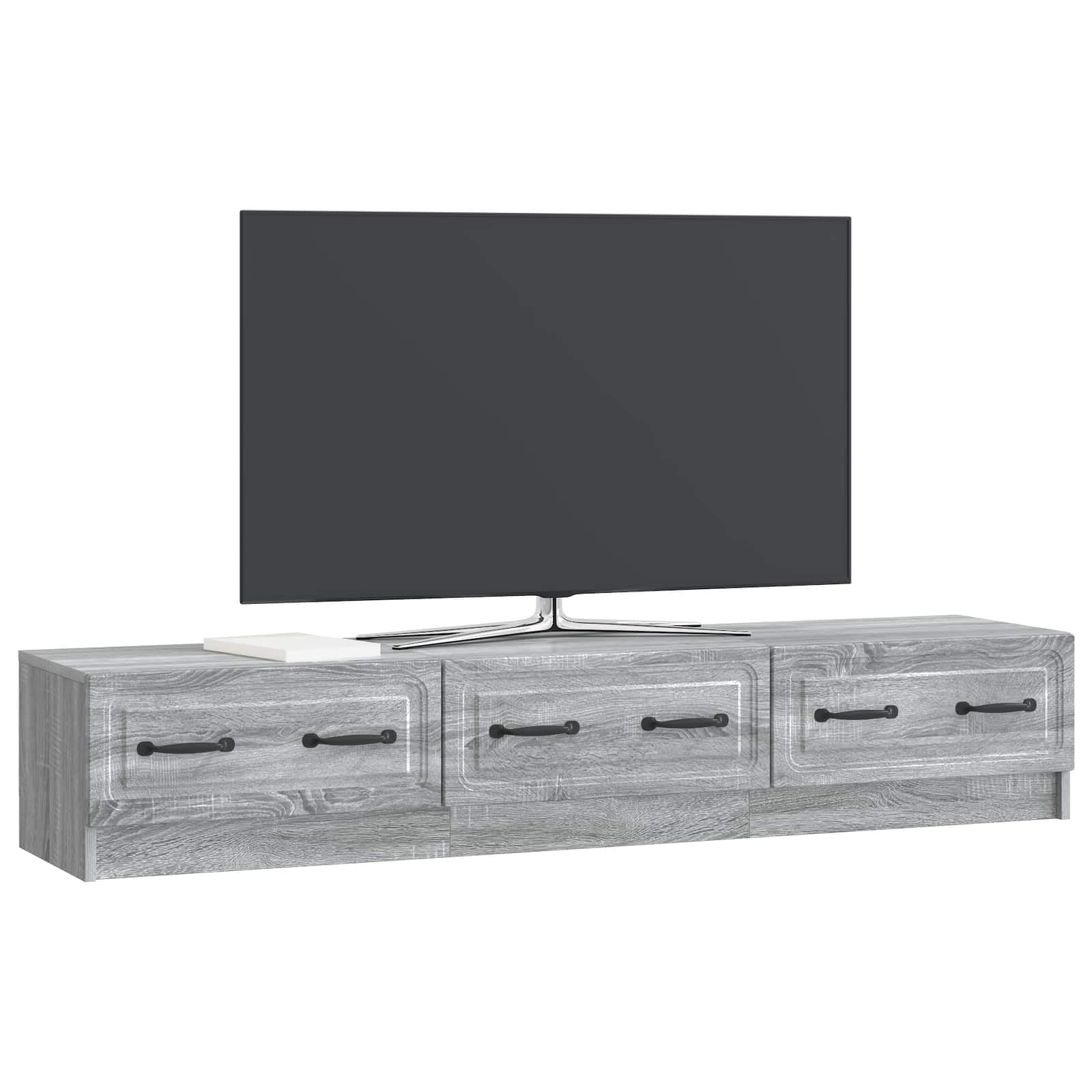 Szafka TV Sonoma szara z materiału drewnopochodnego, 147 x 34,5 x 27 cm, niska szafka z 3 szufladami, miejsce do przechowywania telewizora, odbiornika, konsoli do gier i aranżacji salonu