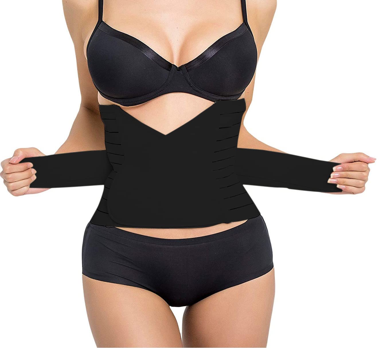 glamoras Postpartum Recovery Belly Band Waist Trainer Cincher Trimmer Tummy Control Slimming Body Shaper Shapewear Belt Stripe Design, Size-L, Black-picture-7