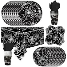 97Pcs Halloween Spider Web Tableware Party Supplies Disposable Dinnerware Set with Paper Plates, Napkins, and Forks for Spooky Halloween Party Supplies, Birthday Party Decorations