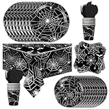 97Pcs Halloween Spider Web Tableware Party Supplies Disposable Dinnerware Set with Paper Plates, Napkins, and Forks for Spooky Halloween Party Supplies, Birthday Party Decorations