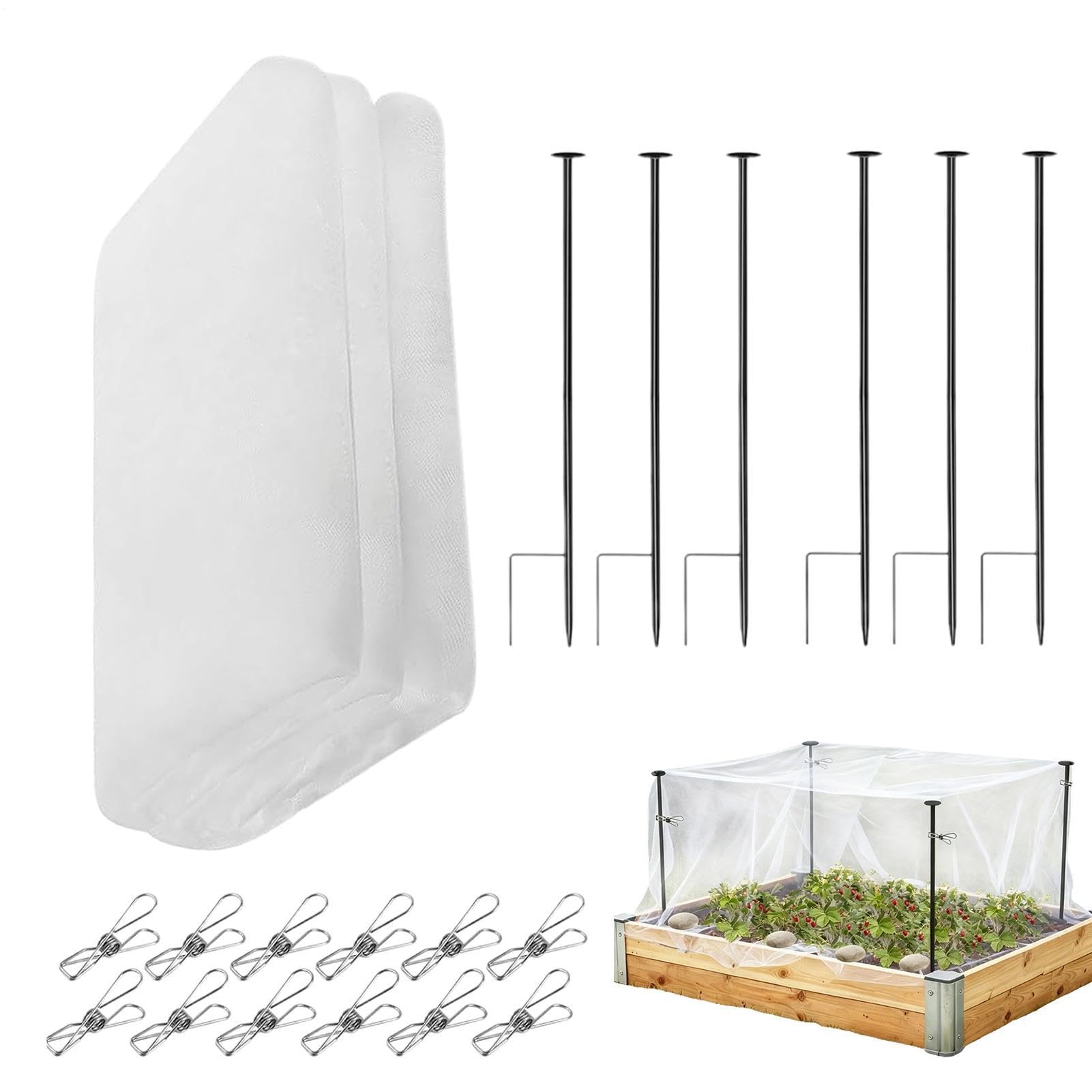 Siatka chroniąca przed owadami, zestaw do podwyższonych grządek: siatka 300 x 400 cm, w zestawie 6 metalowych prętów i 12 klipsów – kompletny zestaw do ochrony przed ptakami i owadami, biała siatka